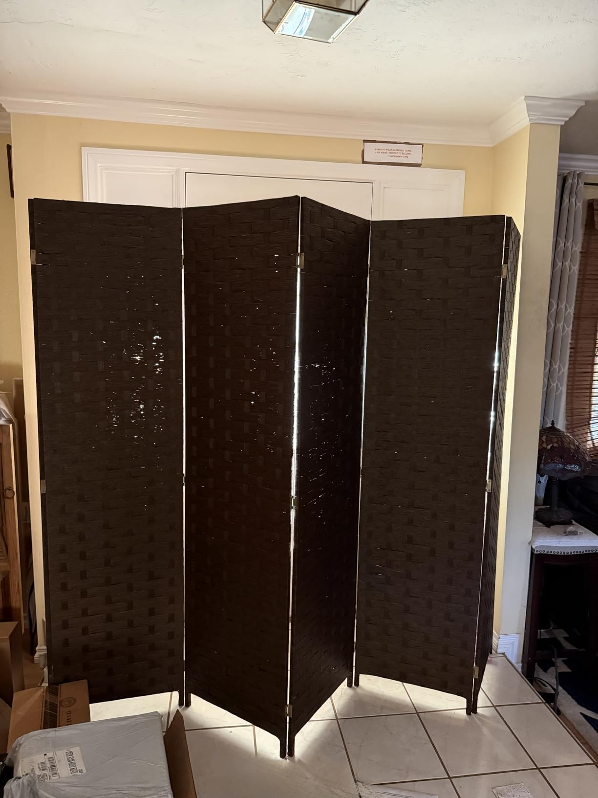 FDW Room Divider 6FT Wall Divider Wood Screen 4 Panels Wood Mesh Hand-Woven Design Room Screen Divider Indoor Folding Portable Partition Screen,Black customer photo 1