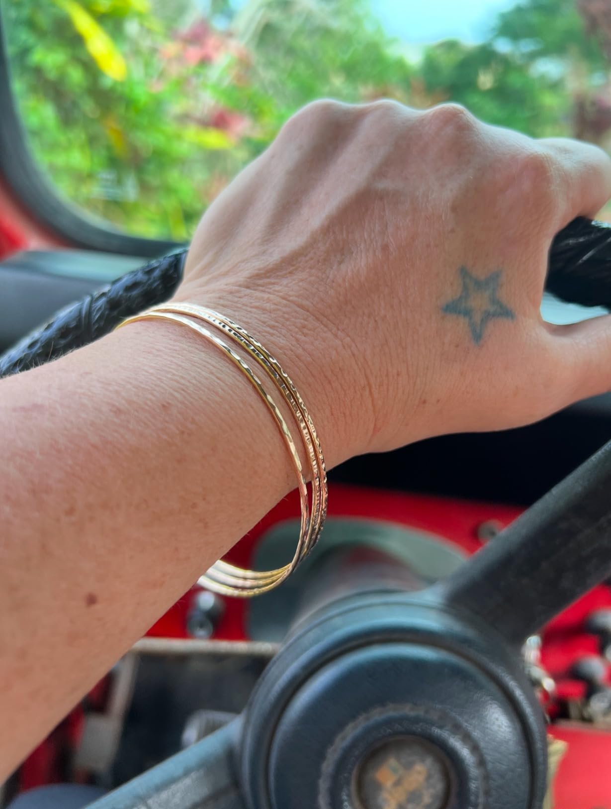 14k Gold Filled Bangles Hammered Slip On Set of 3 Textures, Mu-Yin Jewelry Handmade in USA customer photo 2