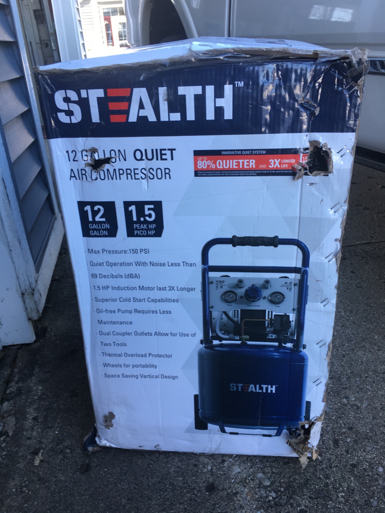 Stealth 12 Gallon Ultra Quiet Air Compressor, 1.5 HP Oil-Free Peak 150 PSI 68 Decibel,5 CFM @ 40 PSI 4 CFM @ 90 PSI Silent Portable Long Life Electric Air Compressor W/Wheel for Garage customer photo 2