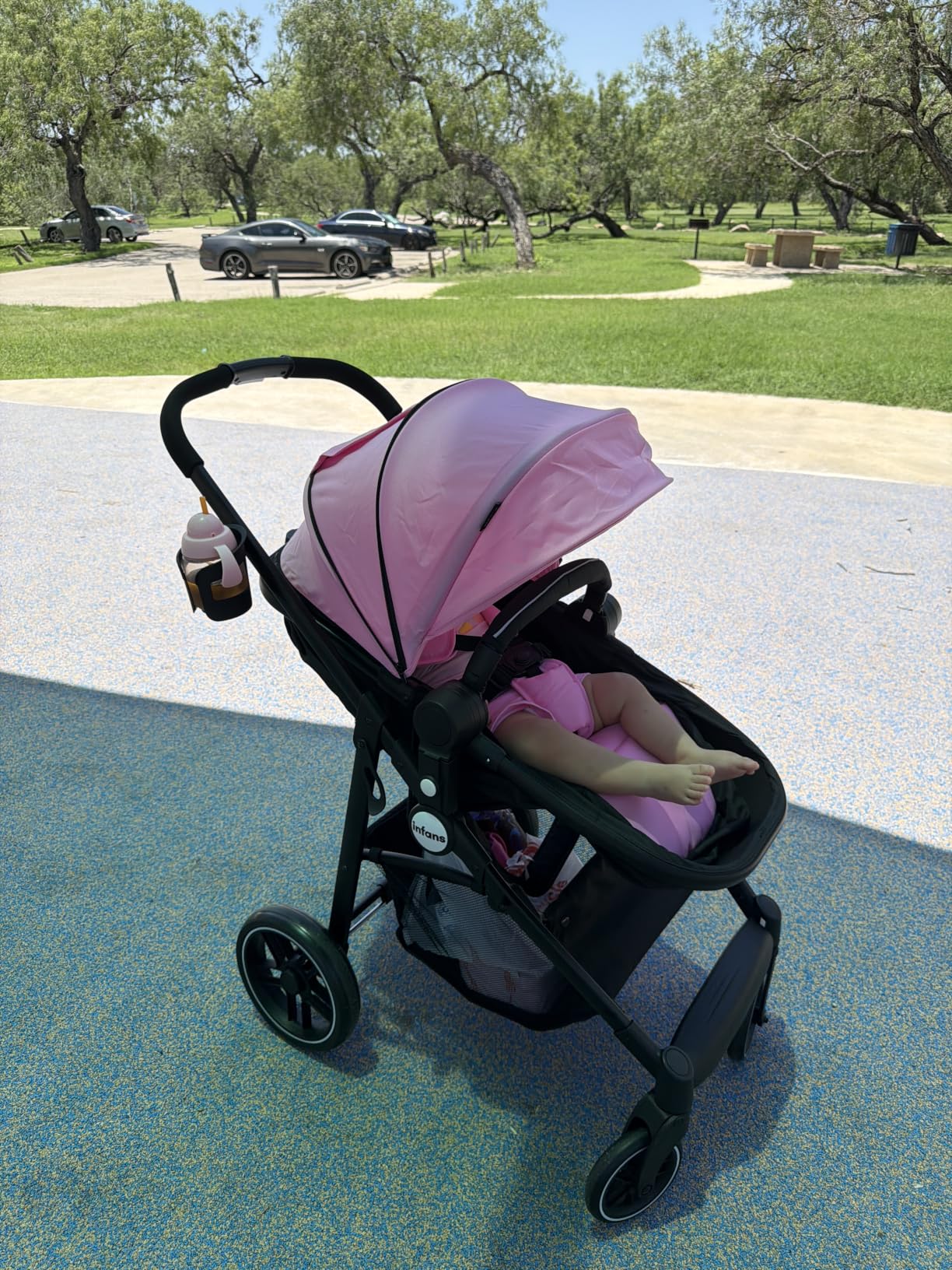 INFANS 2 in 1 Baby Stroller, High Landscape Infant Stroller & Reversible Bassinet Pram, Foldable Pushchair with Adjustable Canopy, Storage Basket, Cup Holder, Suspension Wheels (Black) customer photo 1