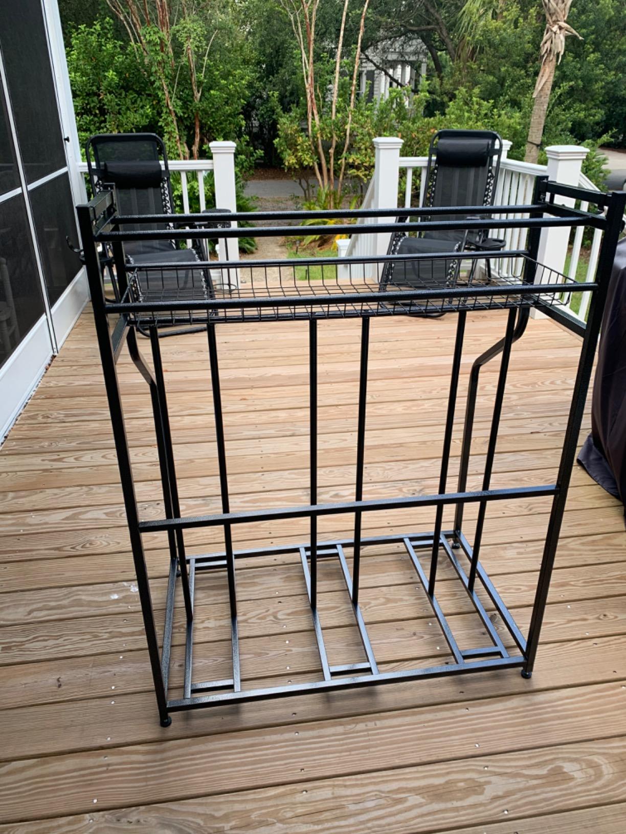 Mythinglogic 3-Bike Garage Storage Rack with Ball Basket and Hooks | Freestanding metal rack hold up to 3 bikes with a top basket and side hooks for balls, helmets and gear in garages or sheds. customer photo 1