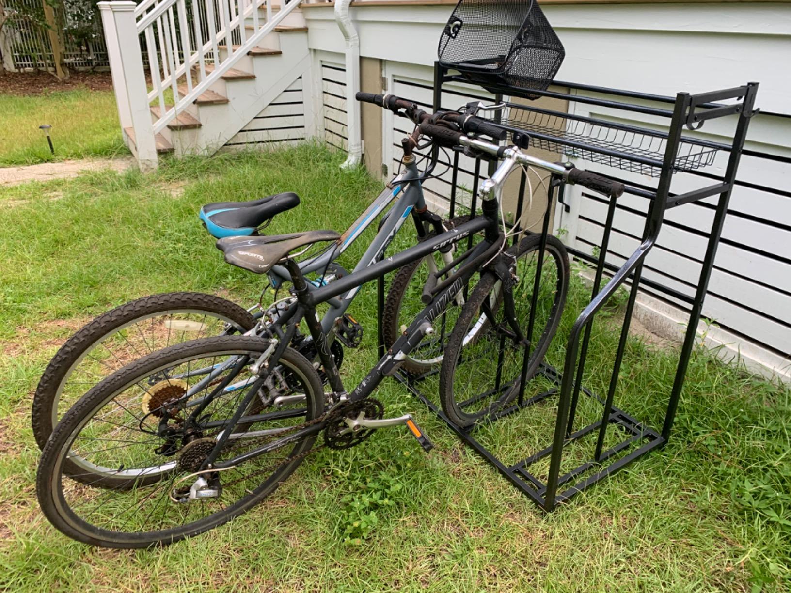 Mythinglogic 3-Bike Garage Storage Rack with Ball Basket and Hooks | Freestanding metal rack hold up to 3 bikes with a top basket and side hooks for balls, helmets and gear in garages or sheds. customer photo 2