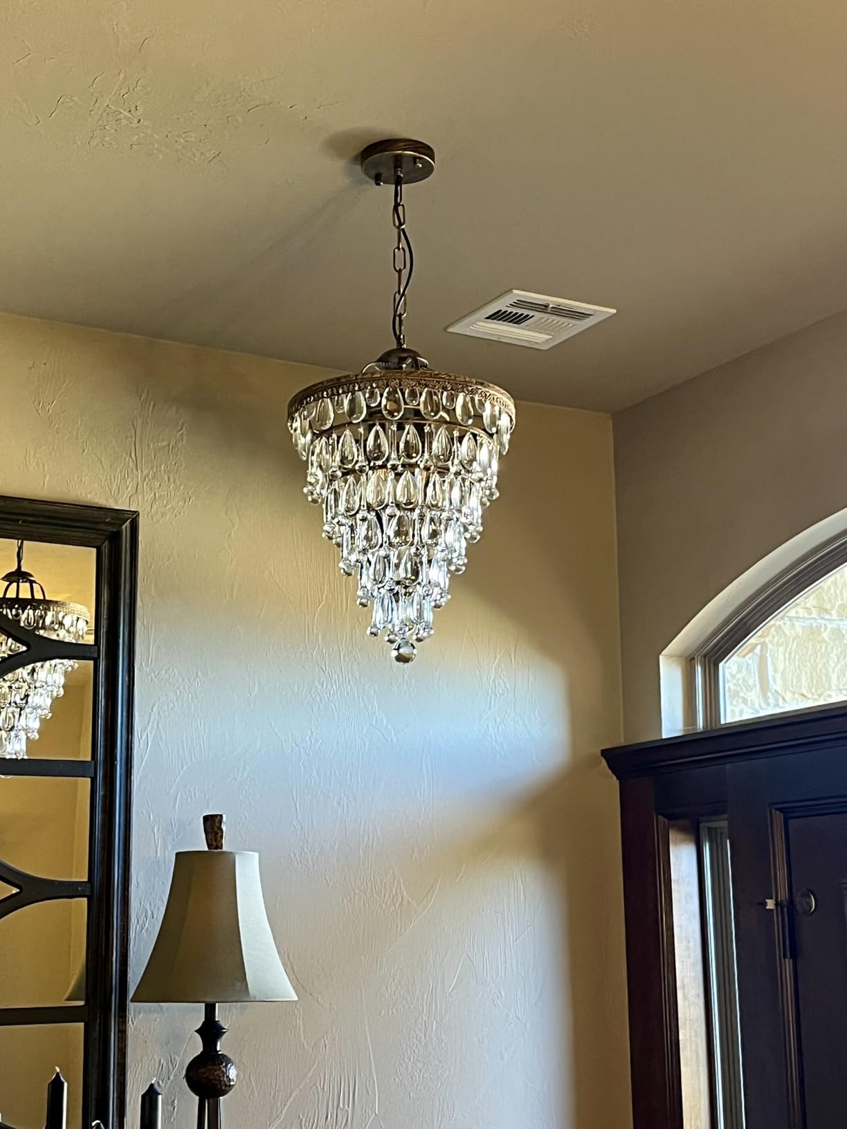 Wellmet 14 Inch Crystal Chandelier, Farmhouse Bronze Bathroom Chandeliers, 4-Light Foyer Lighting Hanging Pendant Light Fixture for Bedroom Entryway Living Kids Room Corridor Closet customer photo 1