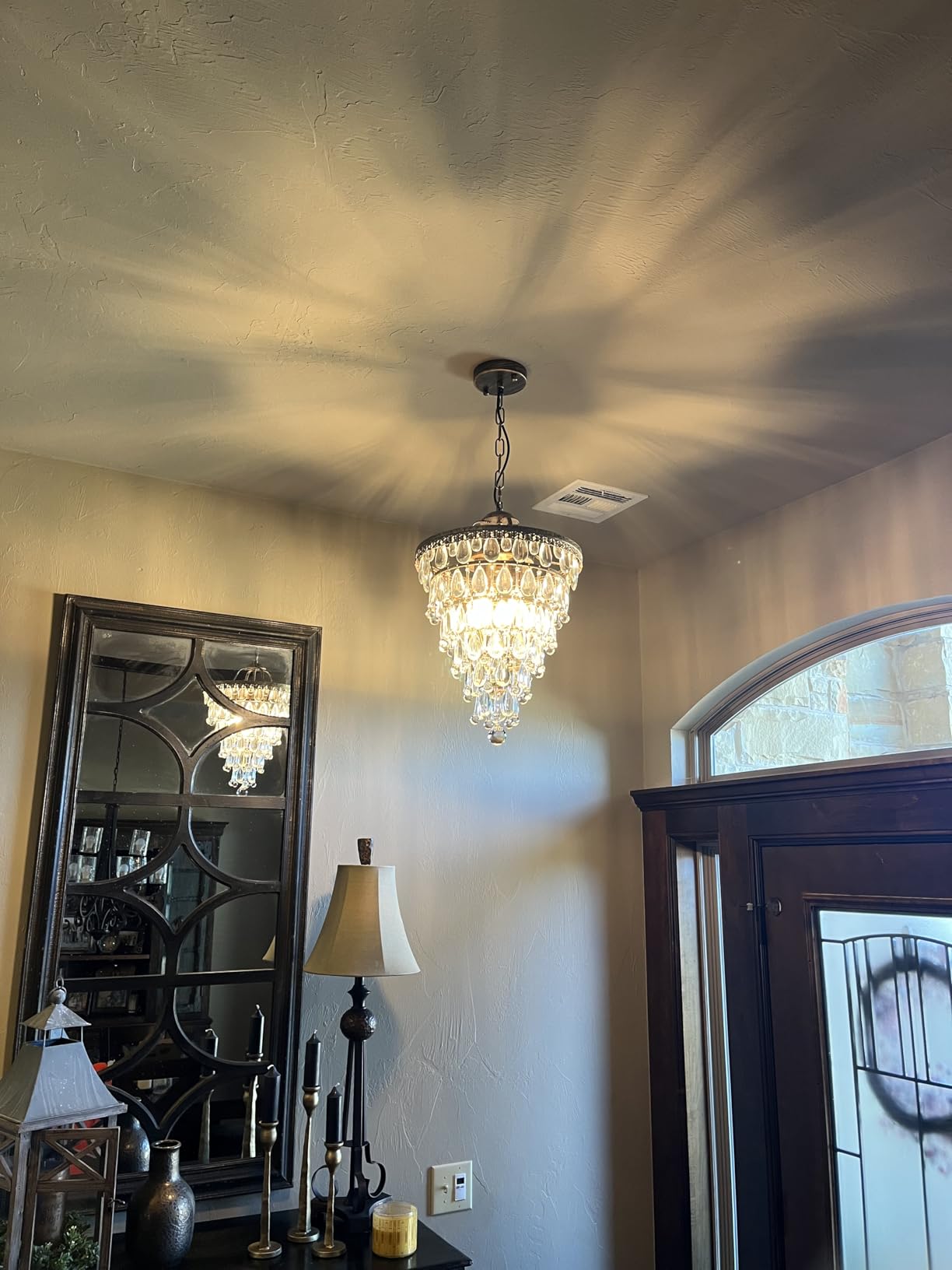 Wellmet 14 Inch Crystal Chandelier, Farmhouse Bronze Bathroom Chandeliers, 4-Light Foyer Lighting Hanging Pendant Light Fixture for Bedroom Entryway Living Kids Room Corridor Closet customer photo 2