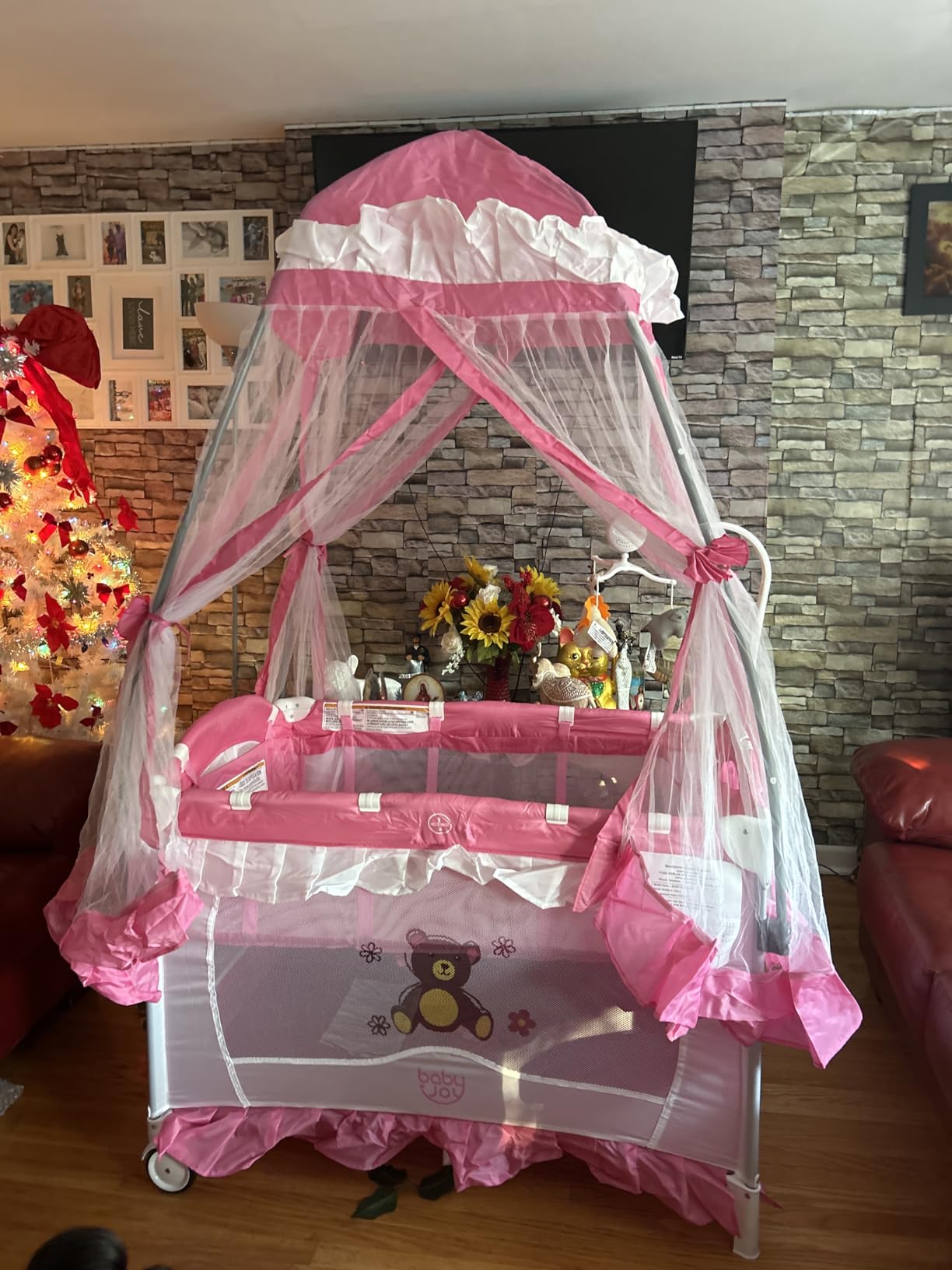 BABY JOY 4 in 1 Pack and Play with Canopy, Portable Baby Playard with Bassinet, Double-Layer Baby Crib, Wheels & Brake, Foldable Baby Girl Pink Princess Bassinet from Newborn to Toddler customer photo 2