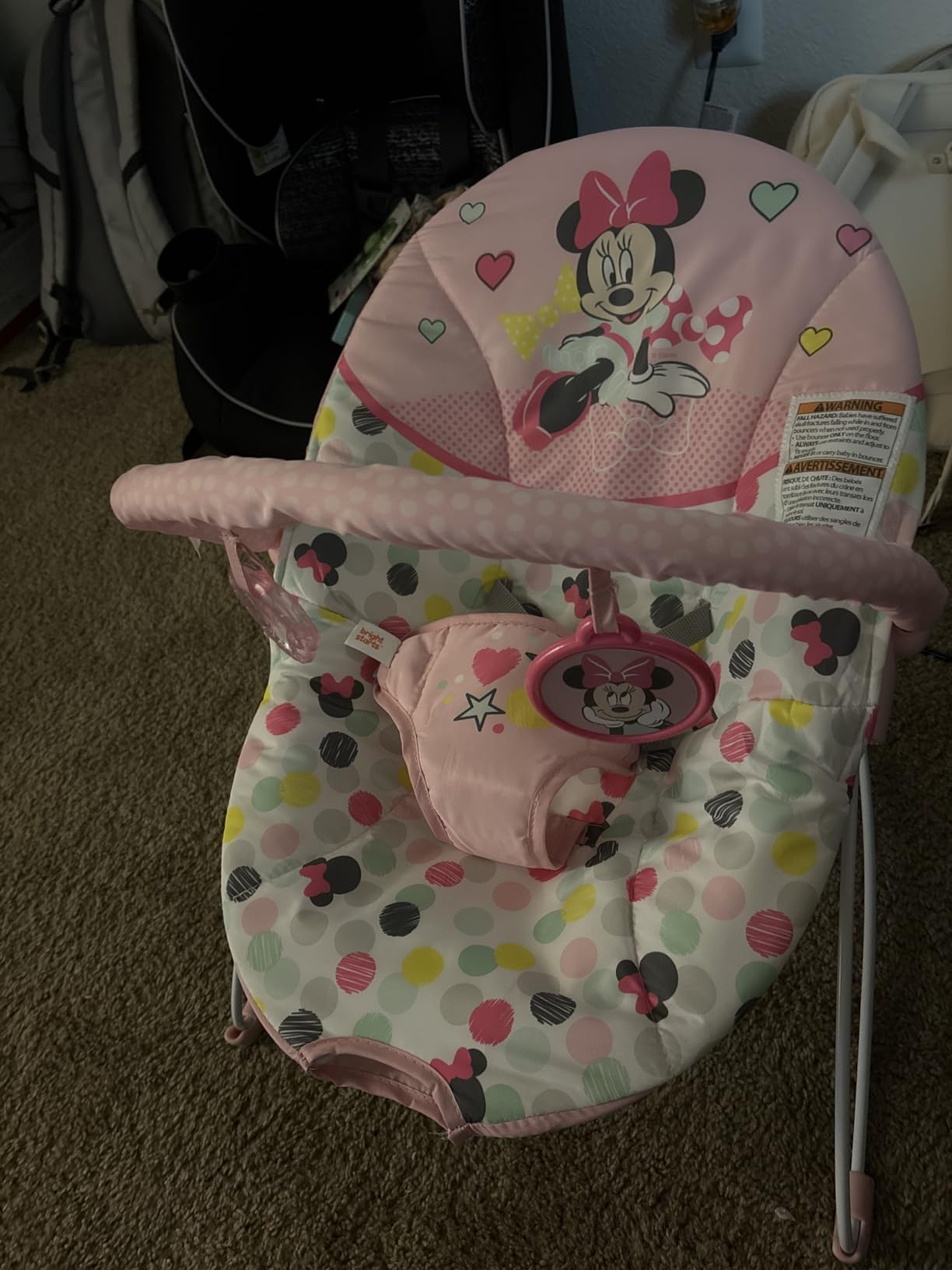 Bright Starts Disney Baby Minnie Mouse Baby Bouncer Soothing Vibrations Plush Infant Seat - Removable Toy Bar, Nonslip Feet, 0-6 Months Up to 20 lbs (Spotty Dotty) customer photo 1