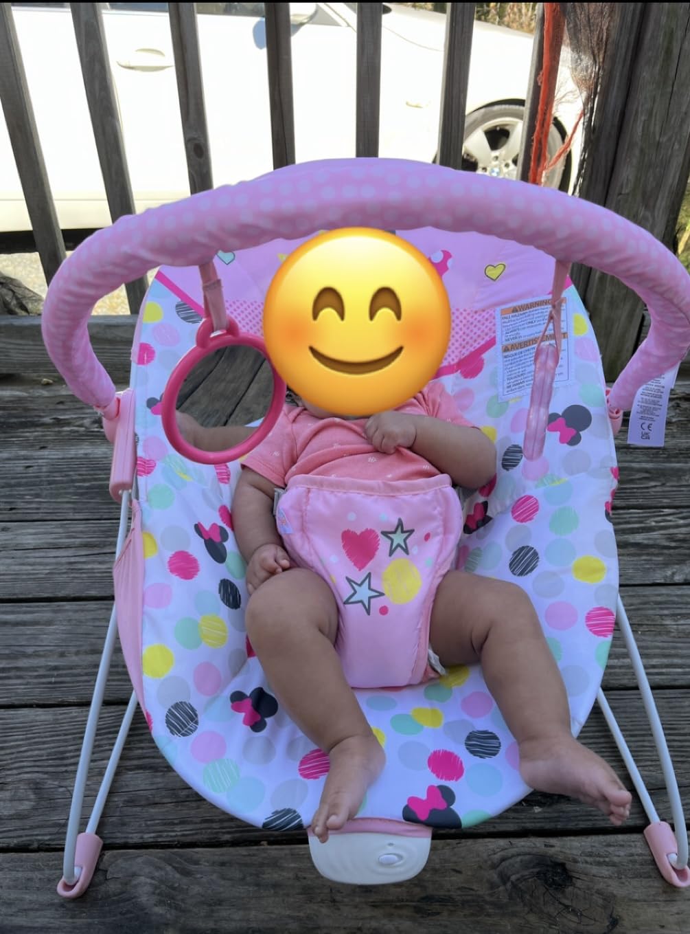 Bright Starts Disney Baby Minnie Mouse Baby Bouncer Soothing Vibrations Plush Infant Seat - Removable Toy Bar, Nonslip Feet, 0-6 Months Up to 20 lbs (Spotty Dotty) customer photo 2
