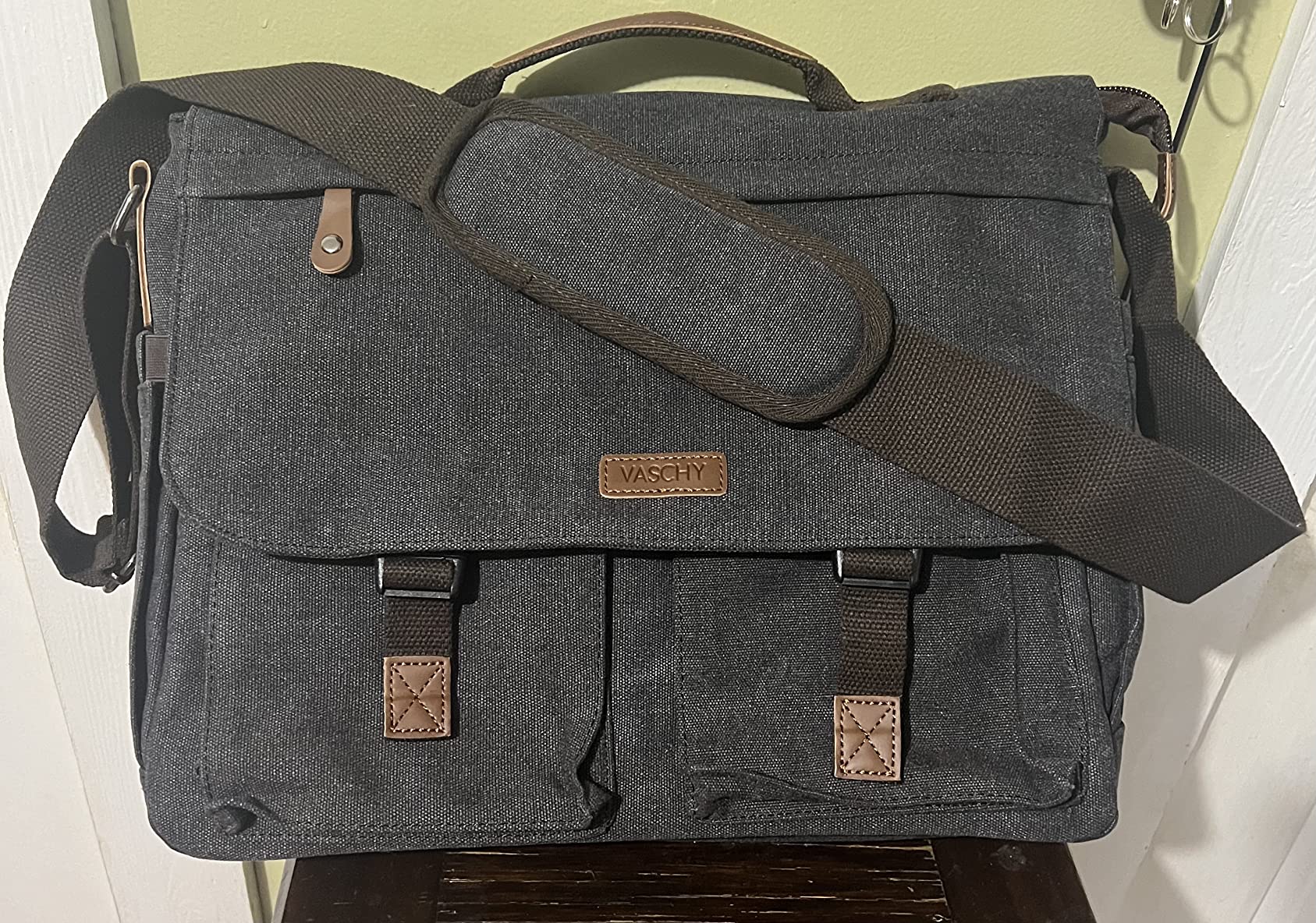 Messenger Bag for Men,VASCHY Vintage Water Resistant Canvas Satchel 14 15.6 17inch Laptop Briefcase customer photo 2