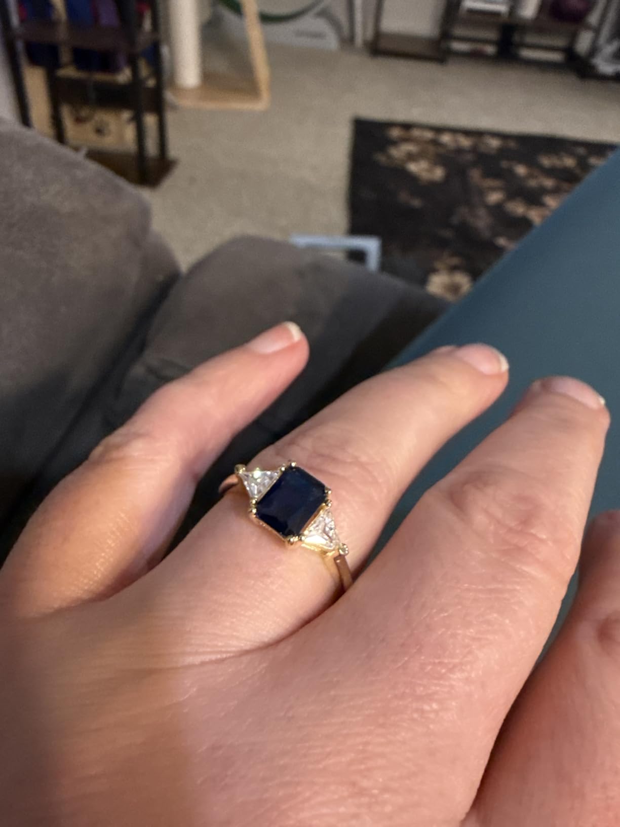 3 Stone Statement Promise Ring for Women with Blue Sapphire & White Topaz | 14K Gold Over Sterling Silver Jewelry for Her customer photo 1