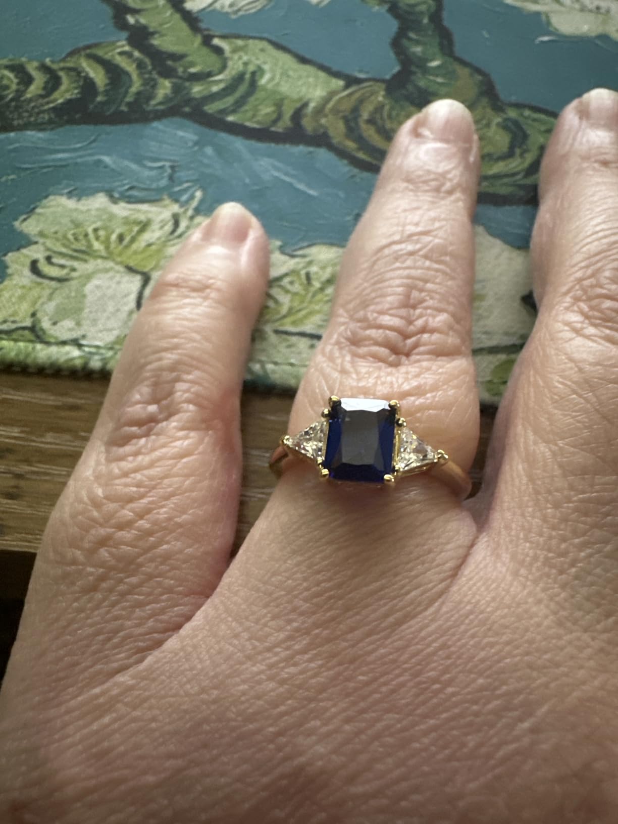 3 Stone Statement Promise Ring for Women with Blue Sapphire & White Topaz | 14K Gold Over Sterling Silver Jewelry for Her customer photo 2