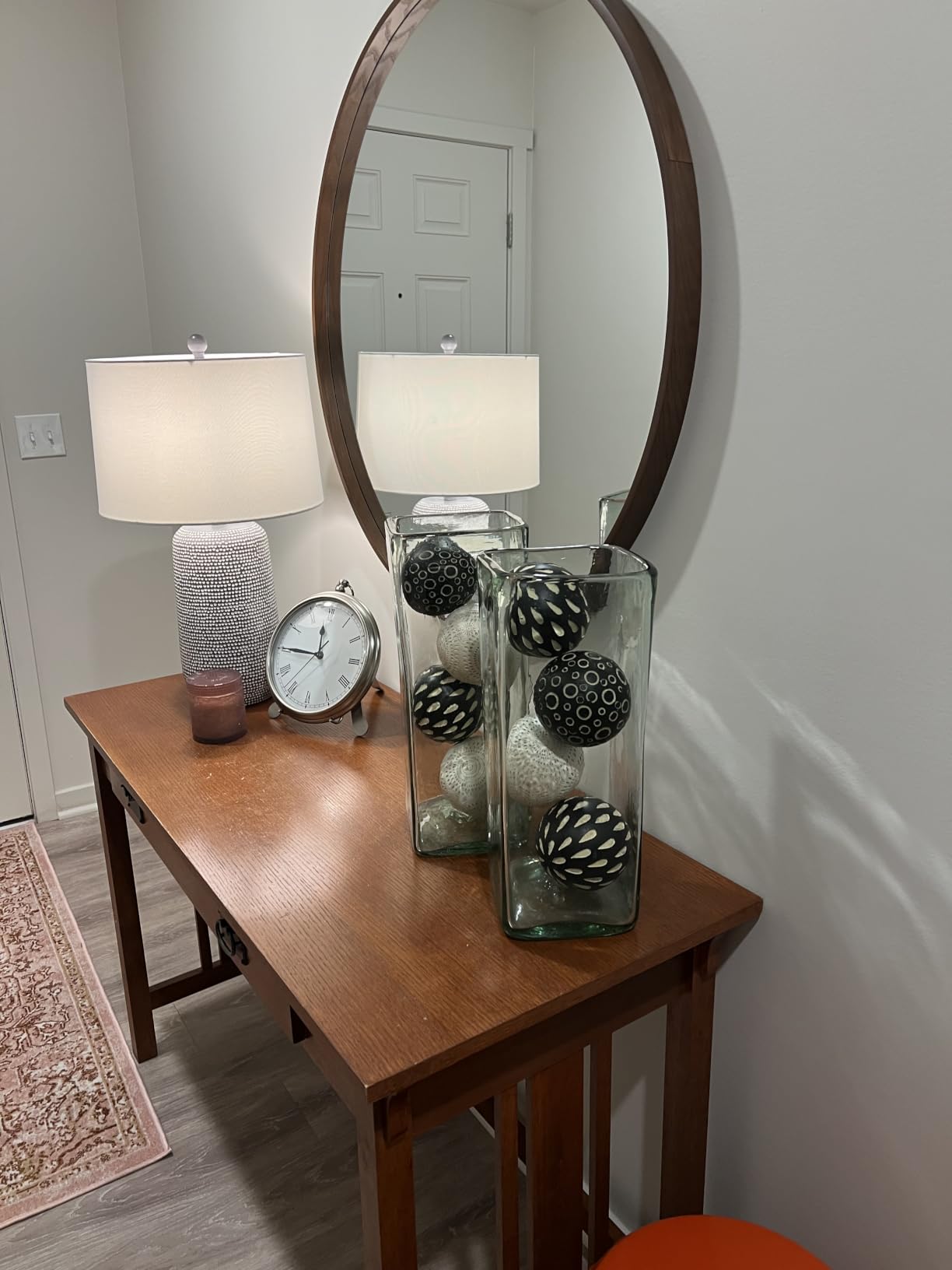 WallBeyond Wood Round Mirror with Wood Frame 24 inch Circle Wall Mirror for Bathroom Round Wall Mirror for Wall Decor, Vanity, Entryway Living Room (Walnut) customer photo 1