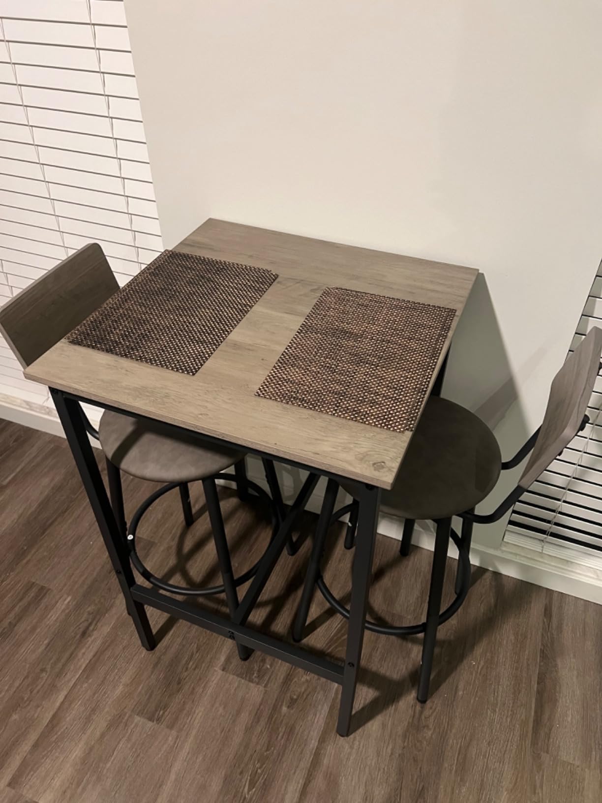 KIVENJAJA Bar Table and Chairs Set for 2, 3-Piece Small Square Pub Bistro Table and Upholstered Stools with Backrest, Counter Height Dining Table Set for Kitchen Small Space, Grey customer photo 2