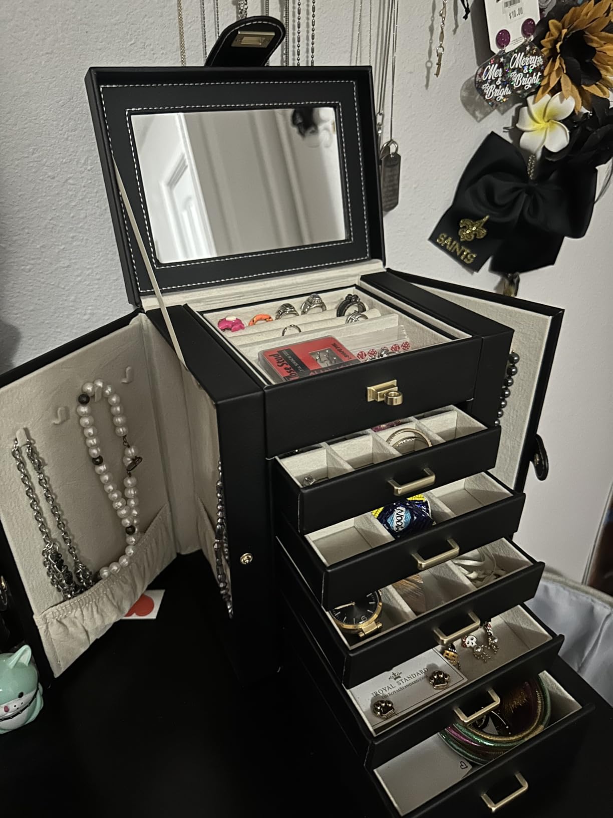 AKOZLIN 6-Tier Jewelry Box Organizer Functional 5 Drawers Leather Jewelry Storage Case for Women Girls Ring Necklace Earring Bracelet Holder Organizer with Mirror Black Regular customer photo 2
