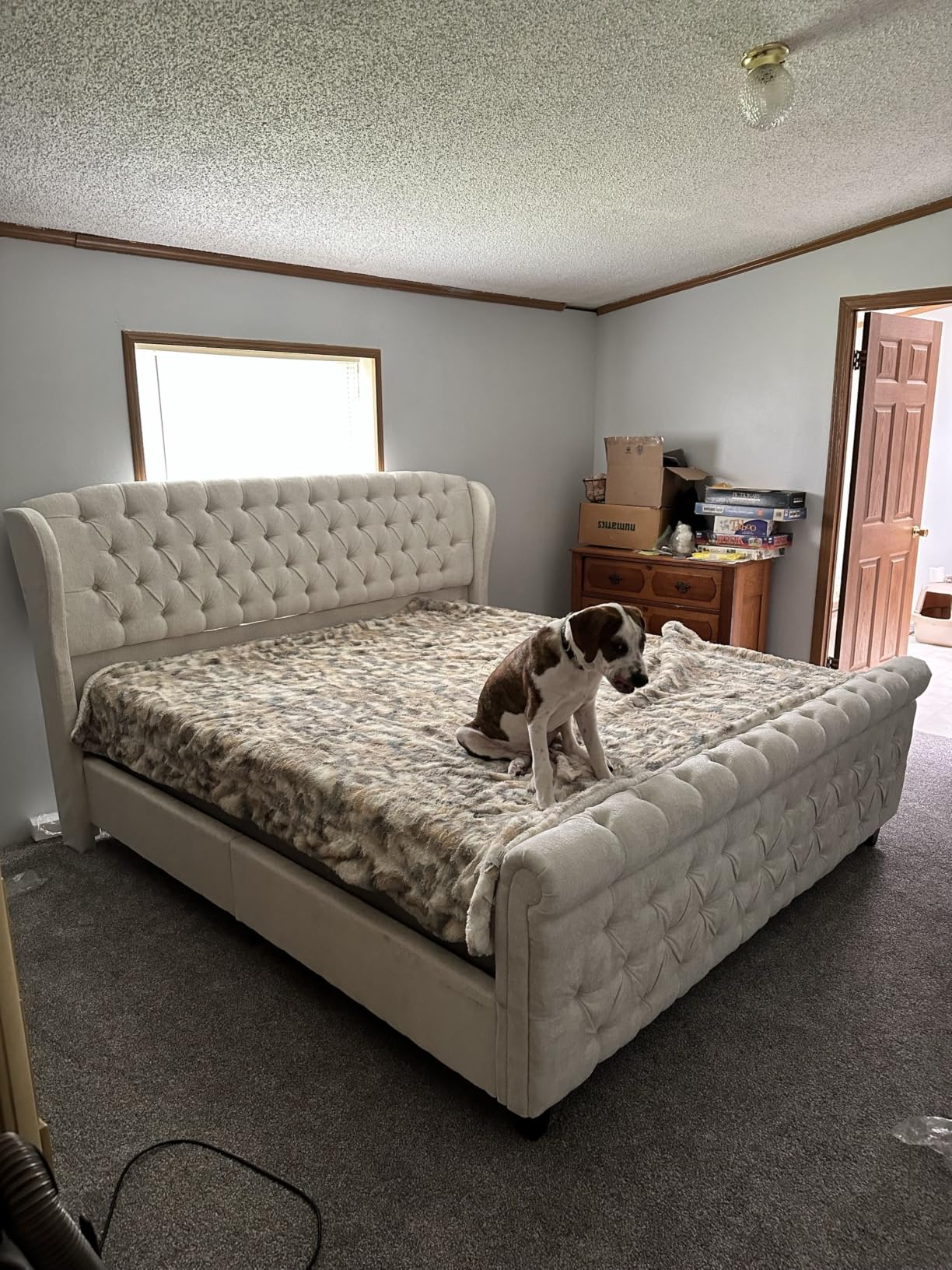 AMERLIFE King Size Platform Bed Frame, Chenille Upholstered Sleigh Bed with Scroll Wingback Headboard & Footboard/Button Tufted/No Box Spring Required/Cream customer photo 1