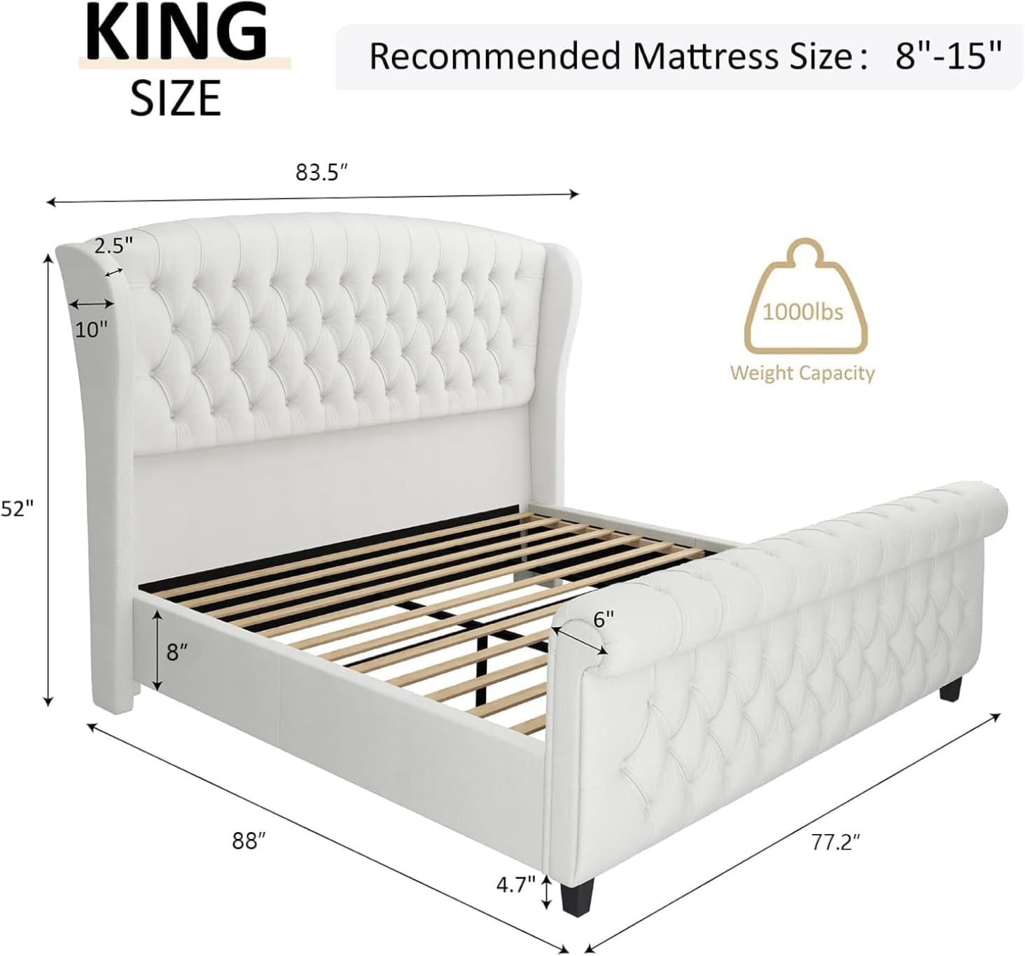 AMERLIFE King Size Platform Bed Frame, Chenille Upholstered Sleigh Bed with Scroll Wingback Headboard & Footboard/Button Tufted/No Box Spring Required/Cream customer photo 2
