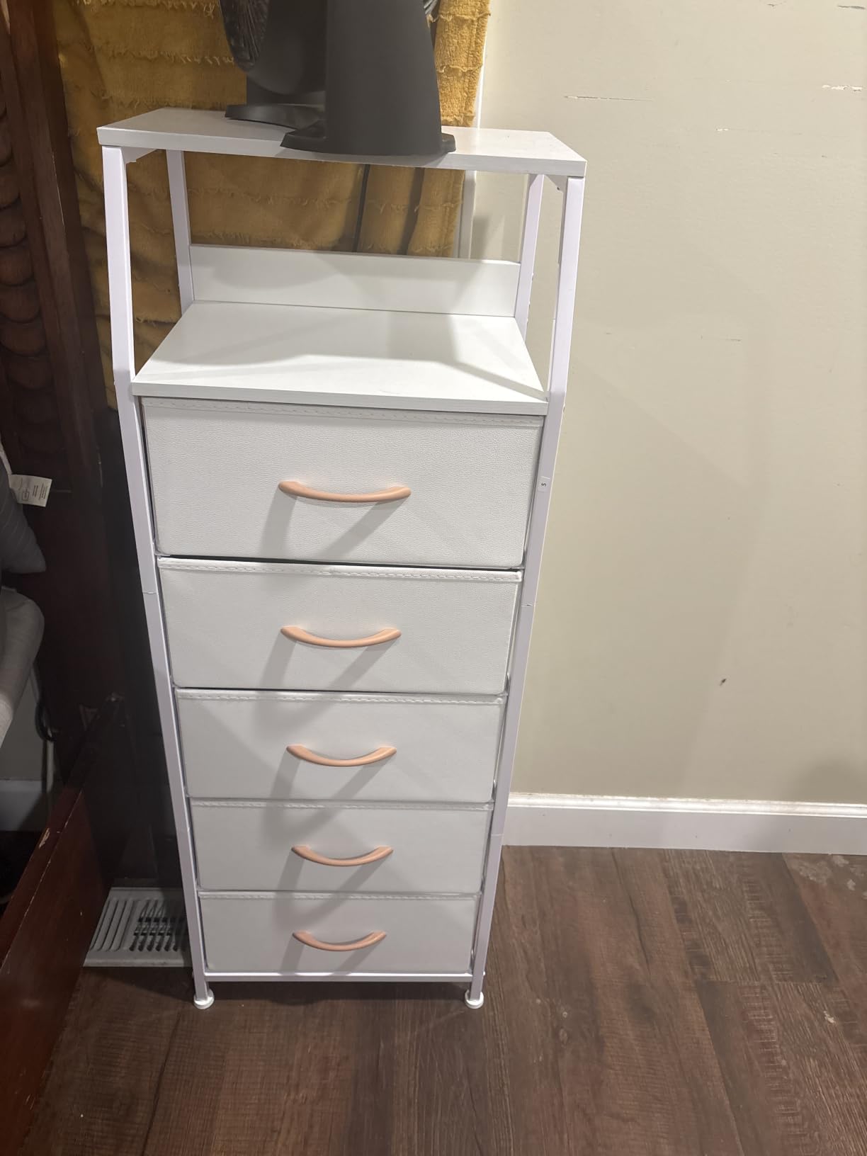 Furnulem White Dresser with 5 Drawers, Vertical Storage Tower Fabric Dresser for Bedroom, Hallway, Entryway, Nursery, Closet Organizer, Nightstand Bedside Table Furniture, Sturdy Steel Frame, Wood Top customer photo 2