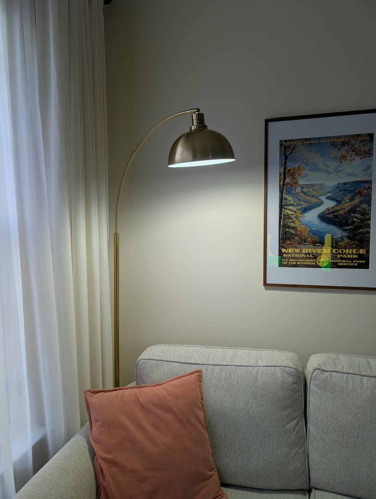 Arc Floor Lamps for Living Room, Modern Tall Standing Lamp Remote Control, Stepless Dimmable Gold Floor Lamp with Hanging Dome Shade, Over Couch Arched Reading Lamp for Bedroom, Office (Bulb Included) customer photo 1