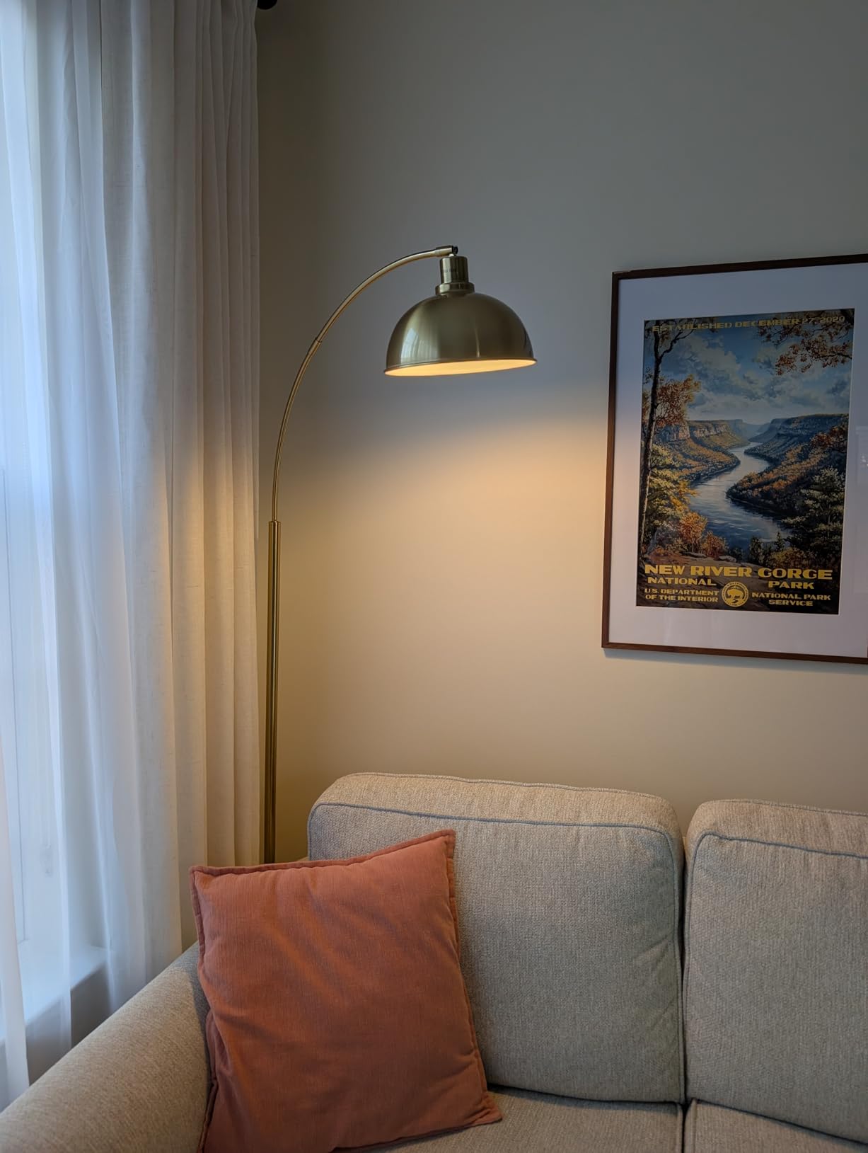 Arc Floor Lamps for Living Room, Modern Tall Standing Lamp Remote Control, Stepless Dimmable Gold Floor Lamp with Hanging Dome Shade, Over Couch Arched Reading Lamp for Bedroom, Office (Bulb Included) customer photo 2