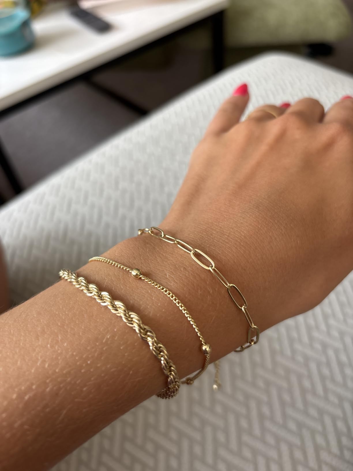 Gold Bracelets for Women Waterproof, 14K Gold Plated Minimalist Bracelets Stack Non Tarnish Trendy Dainty Herringbone Vintage Cuban Paperclip Rope Thin Box Link Chain Stackable Jewelry Sets Modern Fashion Accessories Gifts for Womens customer photo 2