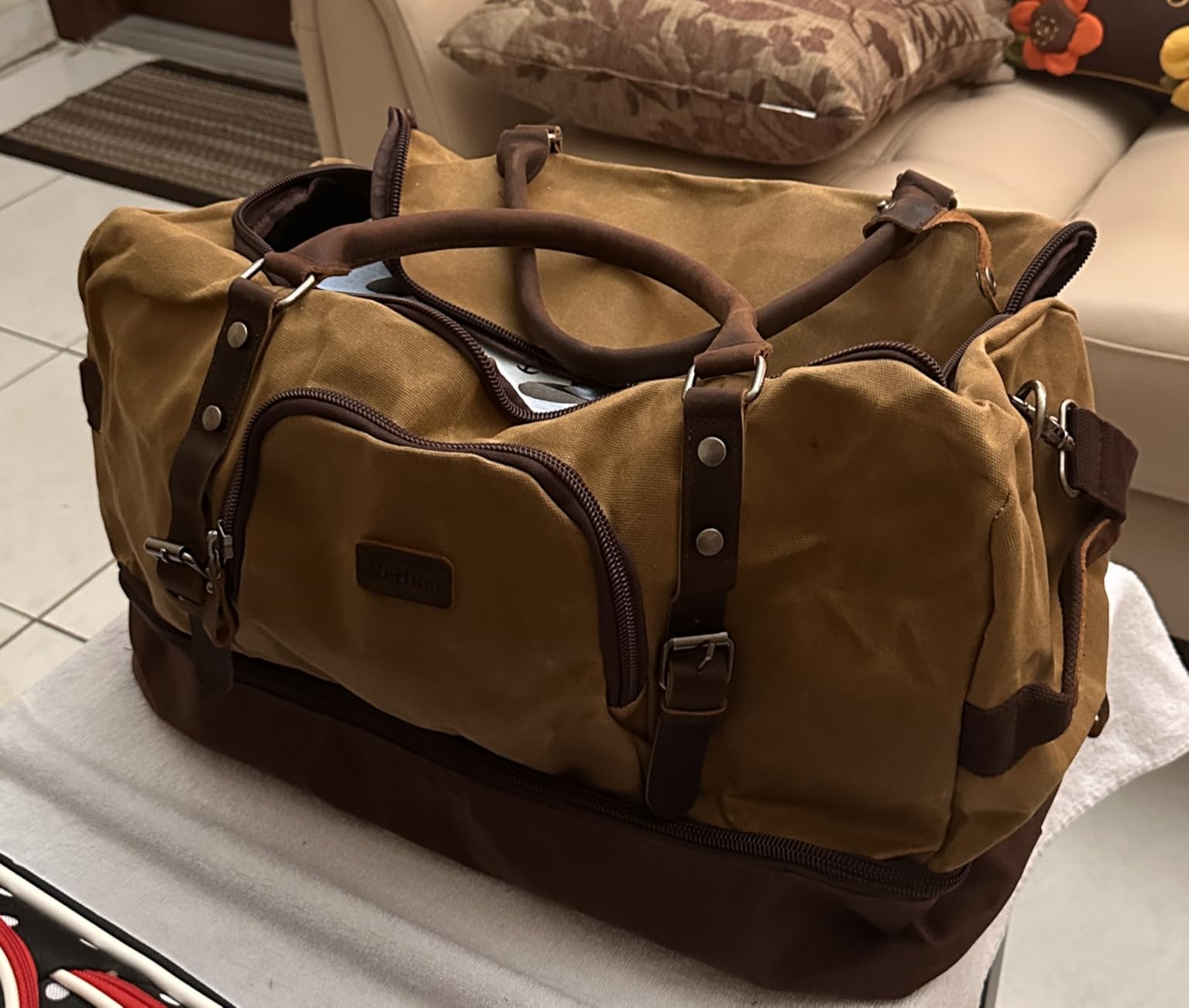 Nerlion Weekender Bag with Shoe Compartment Large Overnight Bag for Men Canvas Genuine Leather Carry on Luggage Bag Travel Duffel Bag (Brown) customer photo 2