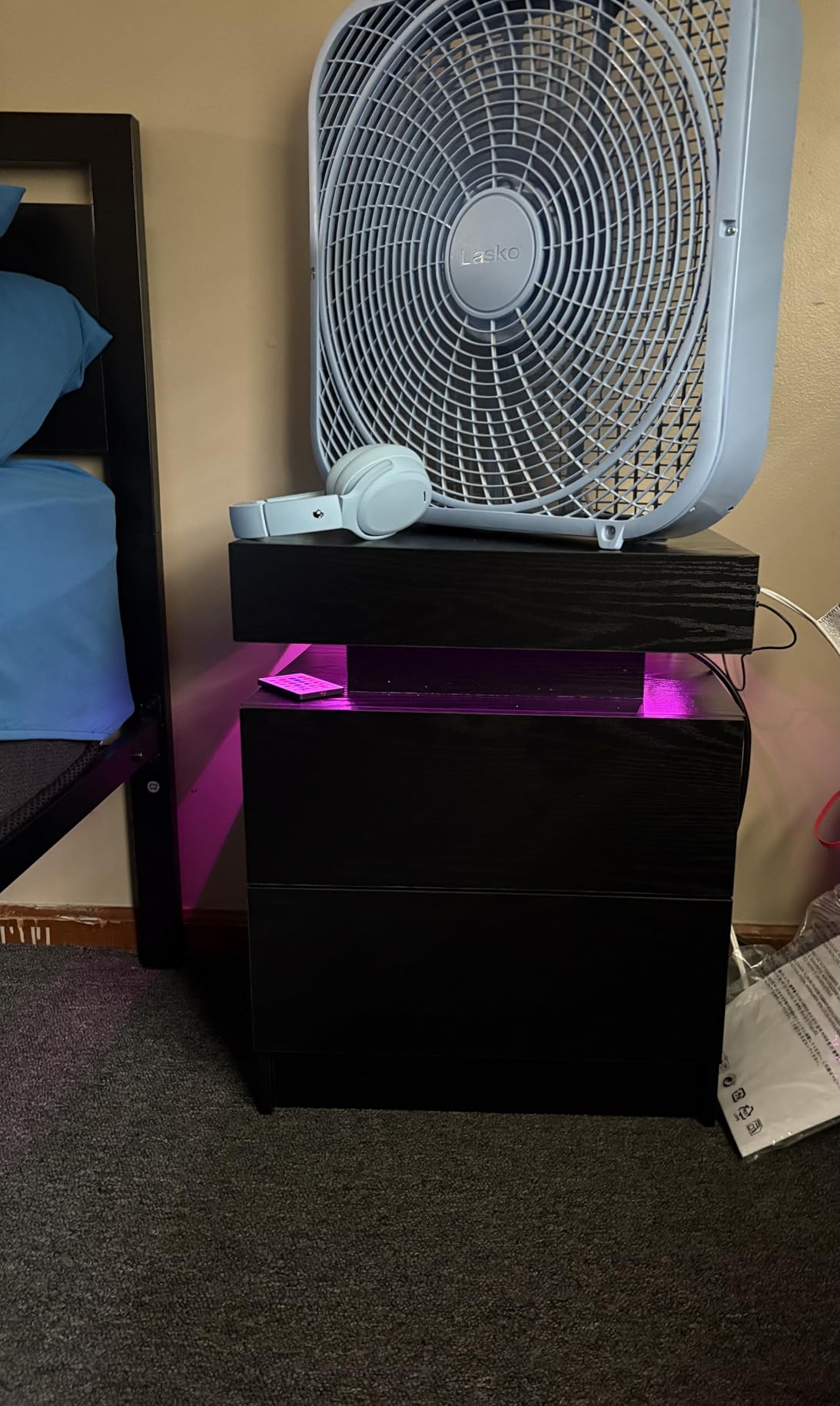 LIKIMIO Nightstand with Charging Station LED Light and 2 Drawers Black | bedside table; end table; charging station; LED light; 2 drawers; black wood grain; small spaces customer photo 1