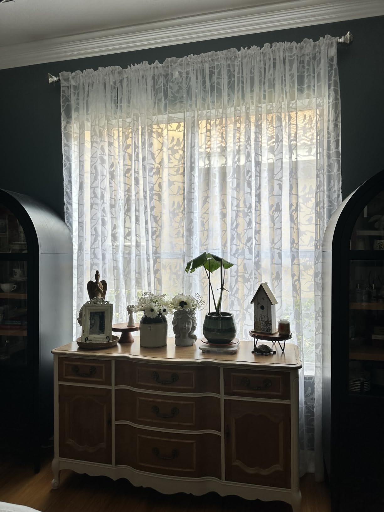 Textured Brown Sheer Curtains 84 Inches Long 2 Panels Set, Light Filtering Leaf Bird Jacquard Voile Semi Sheer Curtains for Bedroom, Dual Rod Pocket Farmhouse Window Drapes, 2x38Wx84L Inches customer photo 1
