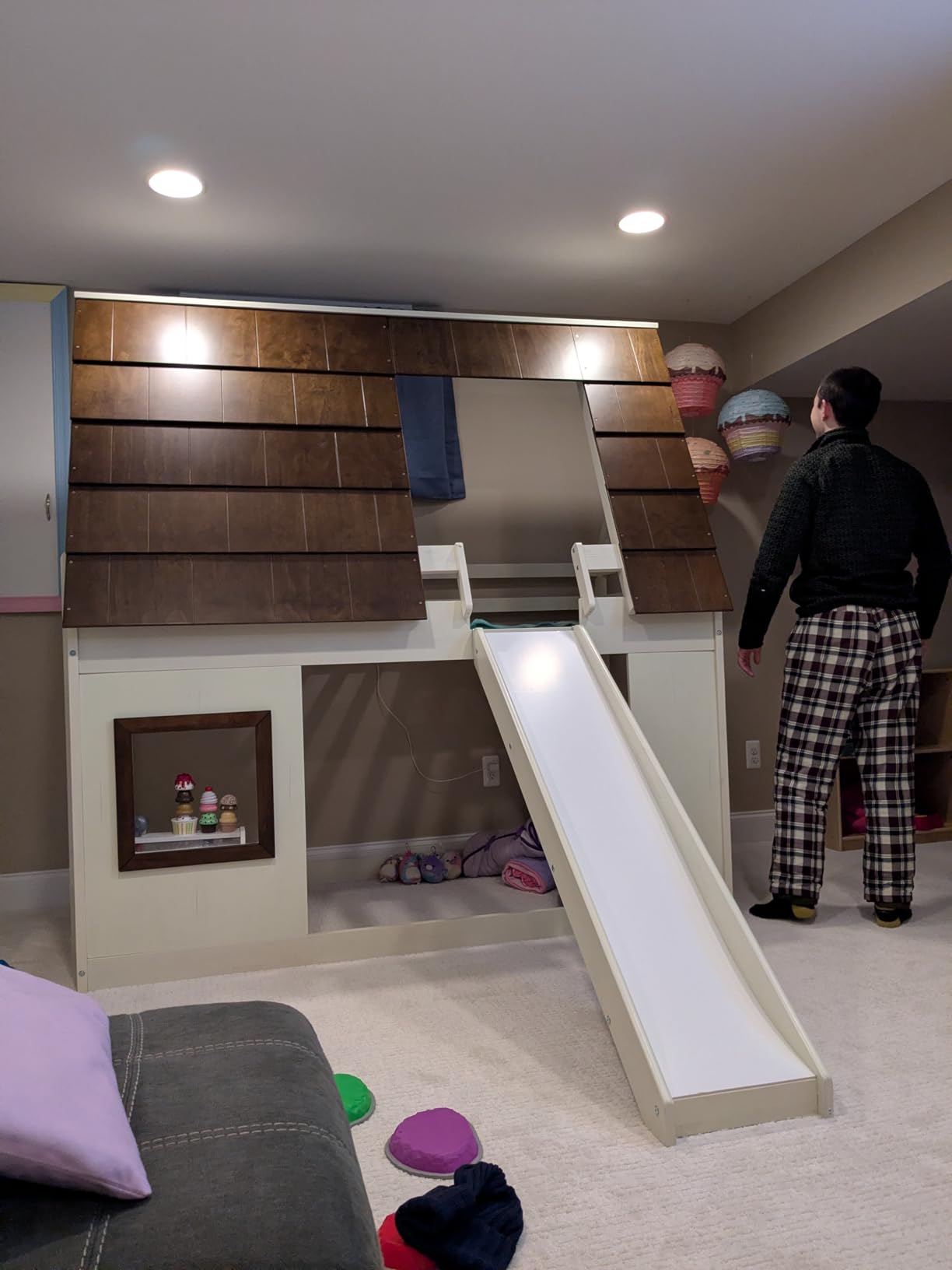 Merax Twin Over Twin House Bunk Bed Frame with Roof,Window,Ladder and Slide for Boys Girls, White & Brown customer photo 1