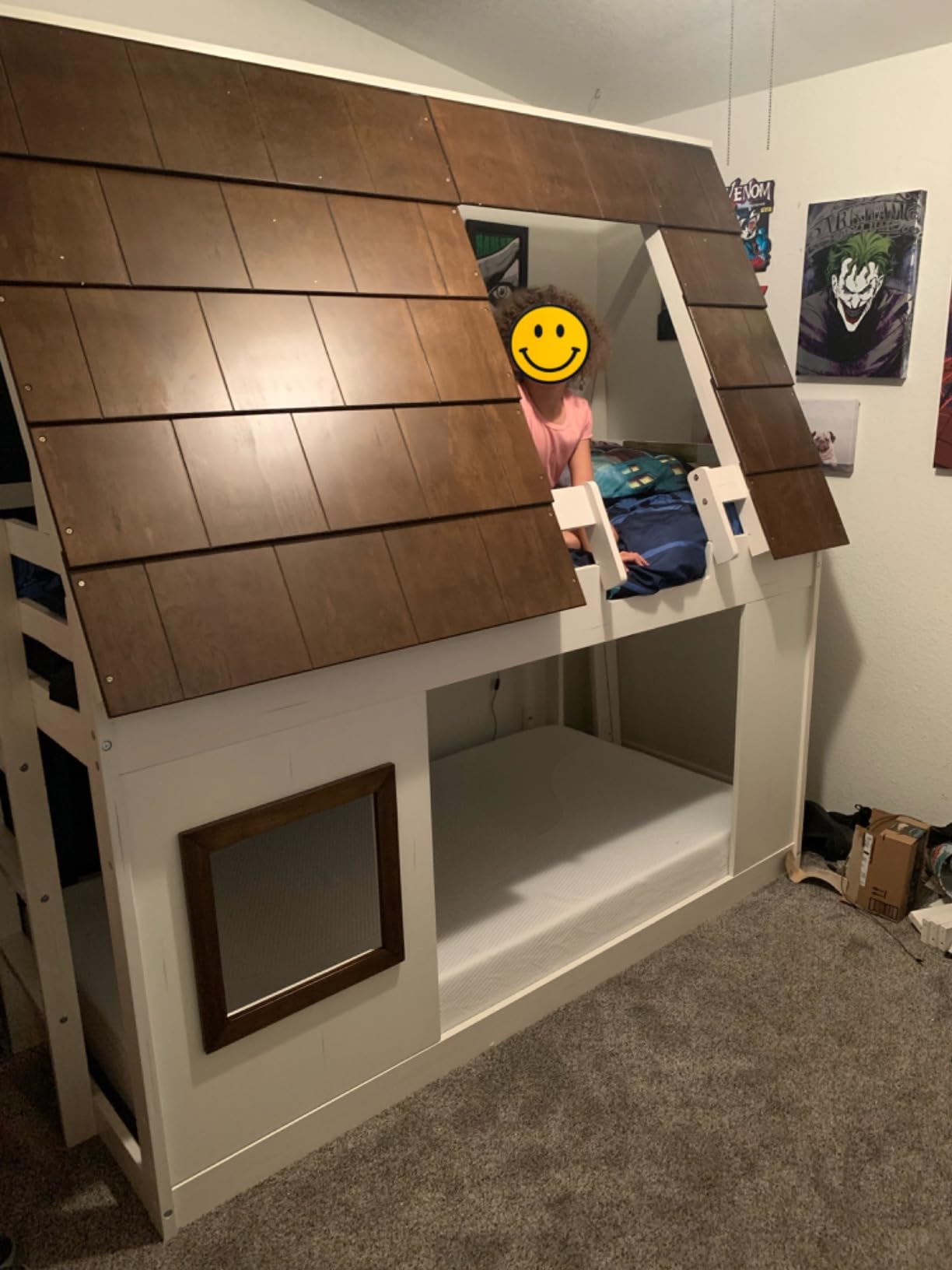 Merax Twin Over Twin House Bunk Bed Frame with Roof,Window,Ladder and Slide for Boys Girls, White & Brown customer photo 2