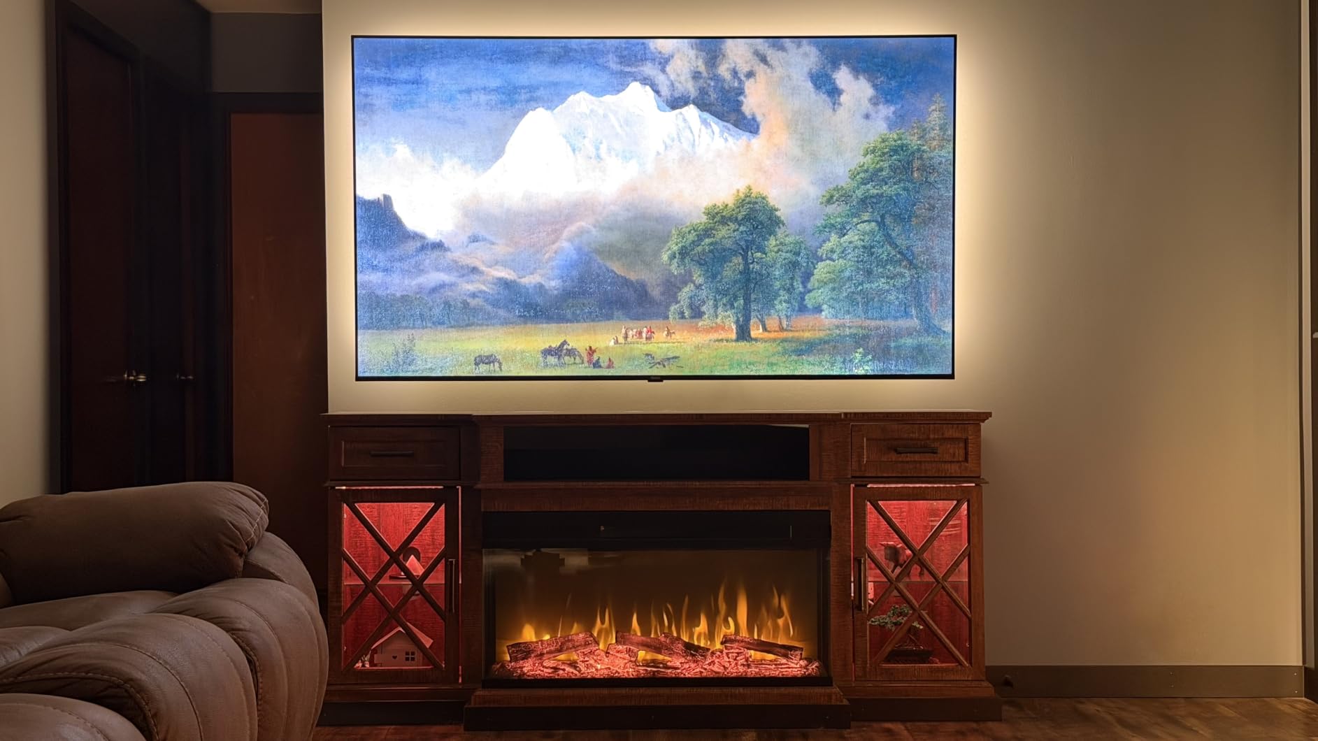 OKD 3-Sided Glass Farmhouse Fireplace TV Stand for TVs up to 80'', Highboy Entertainment Center with Glass Door Storage Cabinet, 70'' Large TV Stands with 36'' Electric Fireplace, Dark Rustic Oak customer photo 1