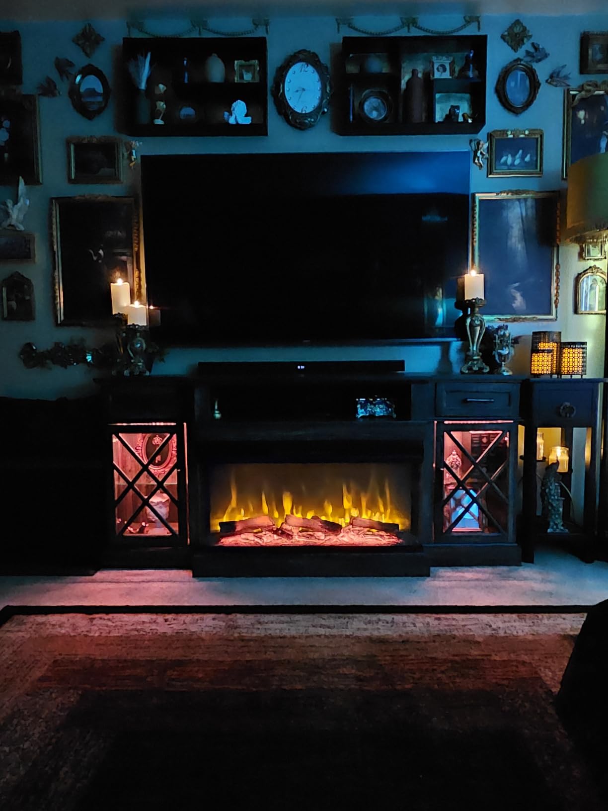 OKD 3-Sided Glass Farmhouse Fireplace TV Stand for TVs up to 80'', Highboy Entertainment Center with Glass Door Storage Cabinet, 70'' Large TV Stands with 36'' Electric Fireplace, Dark Rustic Oak customer photo 2