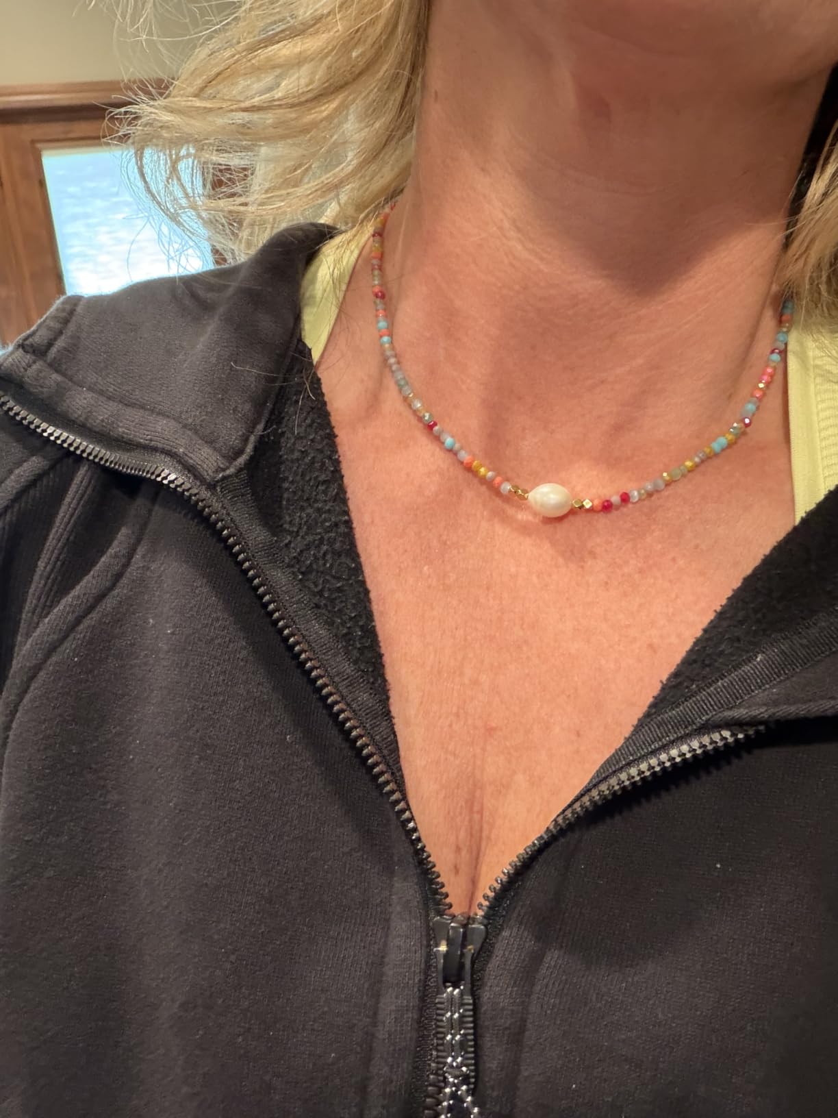 Colorful Beaded Necklace for Women, Crystal Bead Choker with Center Pearl | Boho Handmade Crystal Bead Jewelry with Adjustable Clasp, Trendy Summer Beach Accessory, Ideal Daily Wear Gift for Women customer photo 2