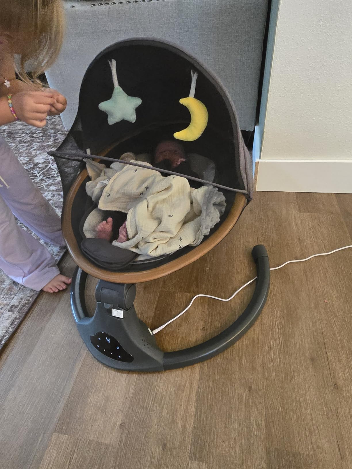 Baby Swing to Toddler Electric Infant Swing Portable for Newborn Boy Girl, 5 Sway Speeds with Remote Control, 12 Preset Melodies and Bluetooth, 0-6 Months Max 20 Lbs (Gray) customer photo 1
