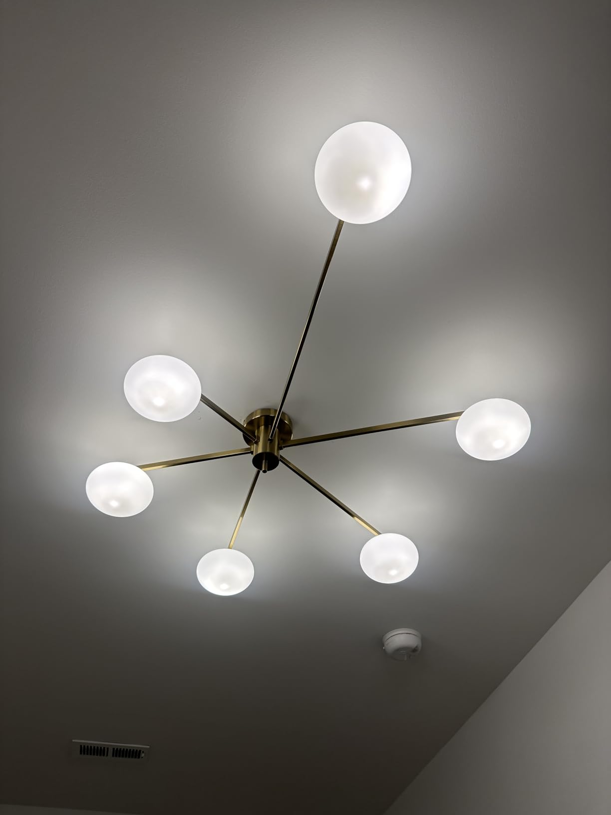 3-Light Gold Sputnik Ceiling Light Fixture, with Opal Glass Shade | low ceiling gold chandelier, dining room bedroom foyer, warm ambient lighting, easy DIY install, mid-century style customer photo 2