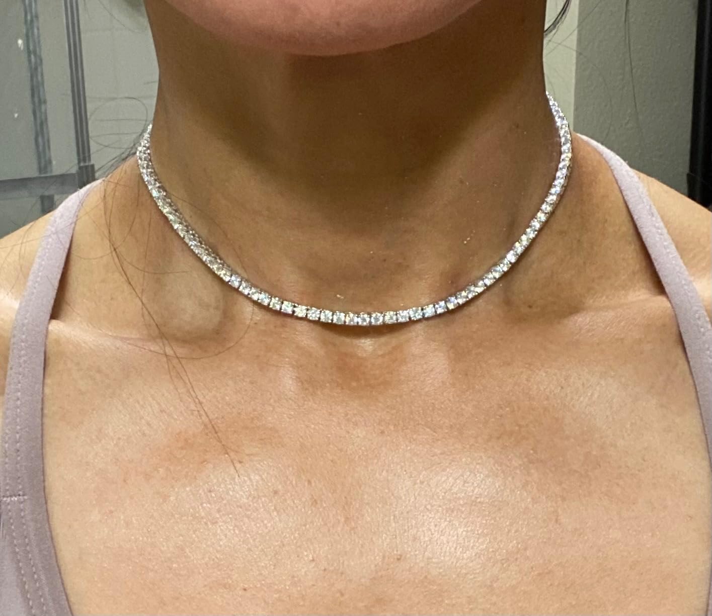 Gem's Beauty Moissanite Tennis Necklace 3mm-5mm 925 Silver D Color Round Cut Moissanite Necklace For Women Men Handmade Gifts Anniversary Birthday (3 mm, 14 inches) customer photo 1