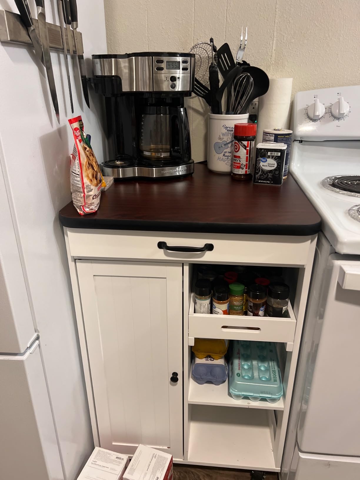 Gizoon Kitchen Island Cart with Storage Cabinet & Removable Tray, 27.6''W Mobile Kitchen Cart with Drawer, Towel Rack, 3 Hooks, 3 Open Shelves, Utility Trolley Cart for Dining Room, White customer photo 2