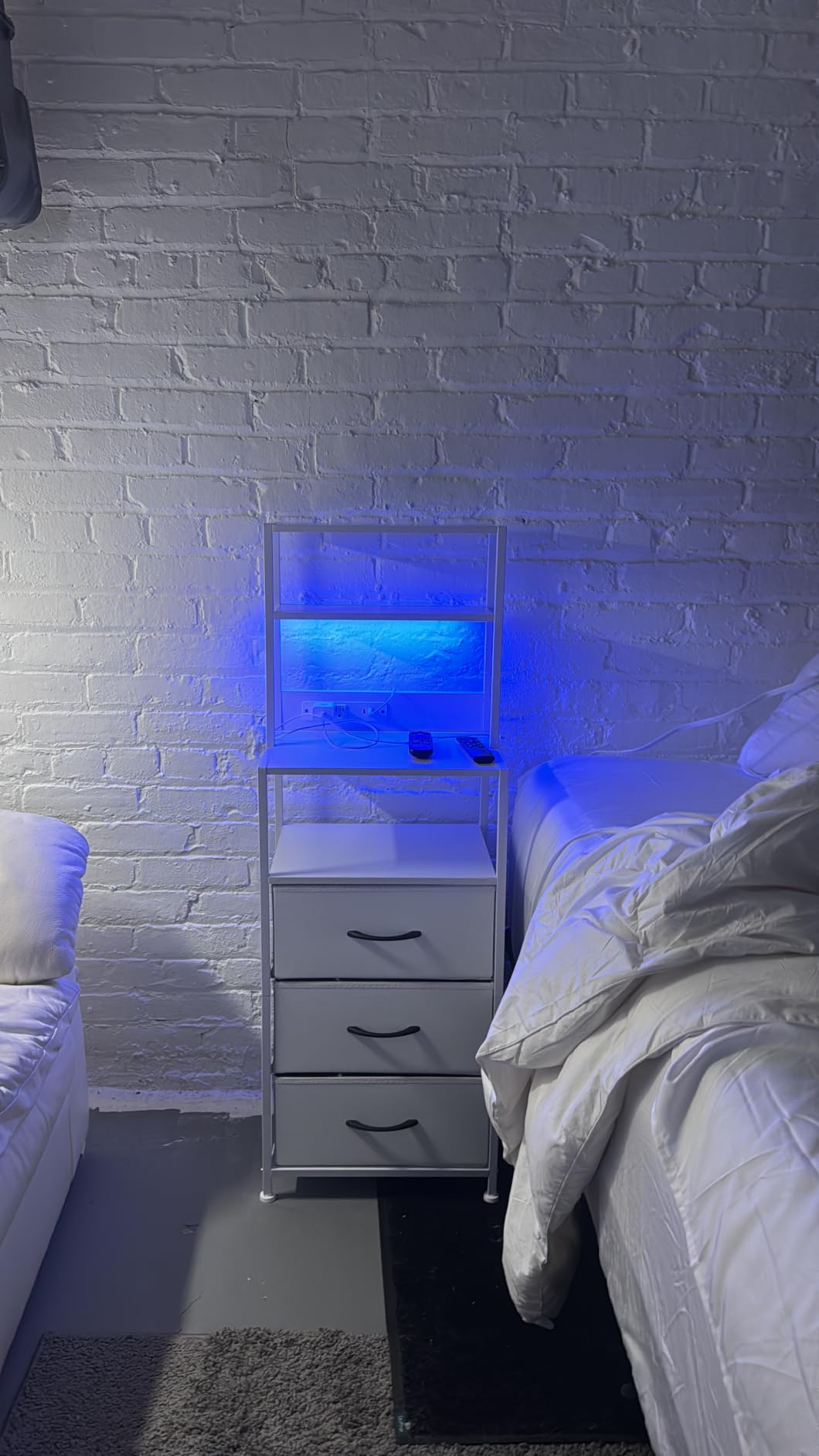 Night Stand, Tall Nightstand with 4-Tier Shelves, 2 Fabric Drawers | Led Lights, Bed Side Tables with Charging Station, Bedside Table for Bedroom, Office, Dorm, Black Oak customer photo 2