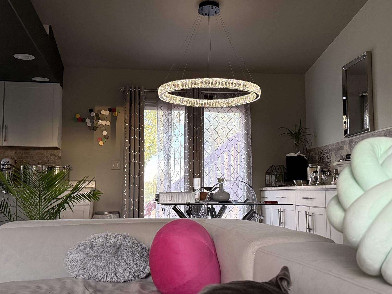 Extra Large 6 Ring Crystal Chandelier Modern LED Long Crystal Chandelier for High Ceiling Height Adjustable D8+15.7