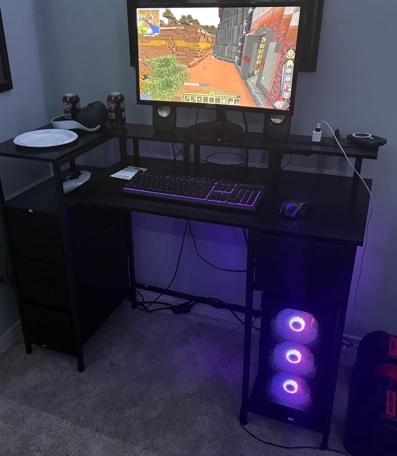 Korfile 47 Inch Gaming Desk with Power Outlets and LED Lights, Reversible Computer Desk with 5 Fabric Storage Drawers, Home Office Desk with Monitor Stand for Working Writing Study, Black customer photo 2