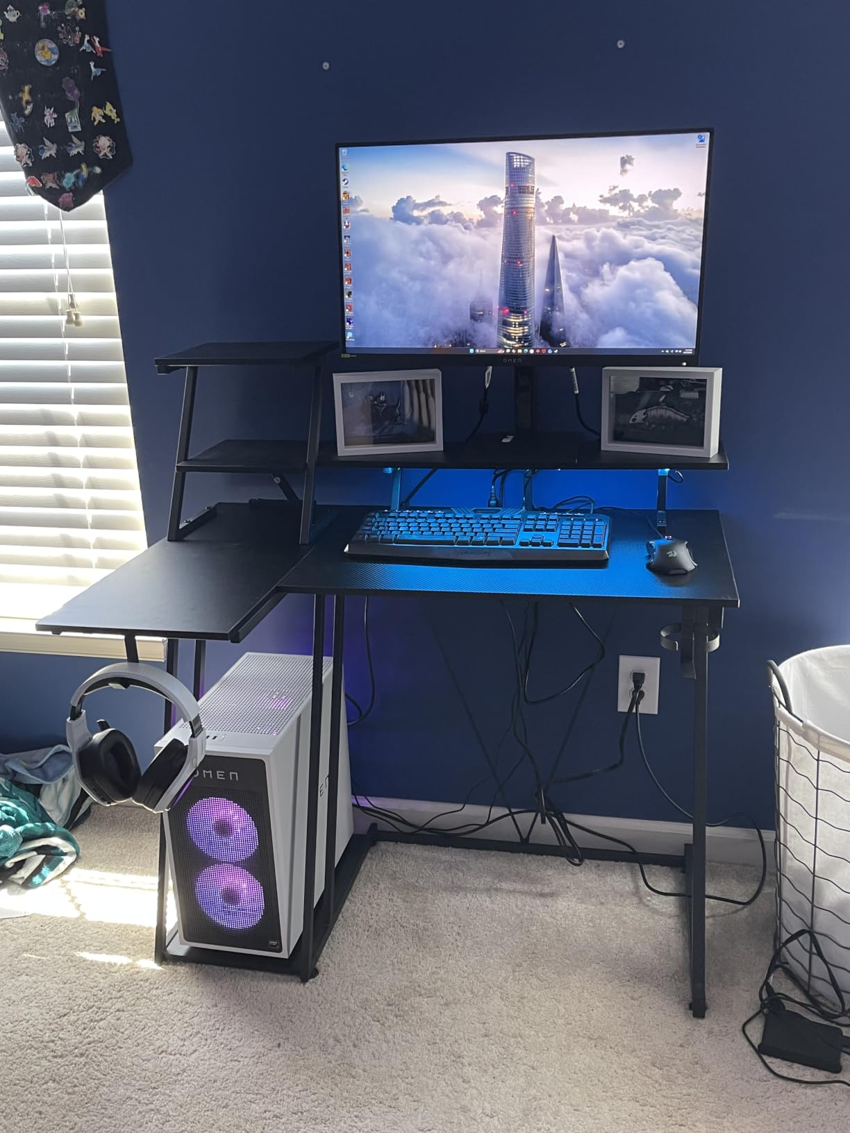 Korfile 40 Inch Gaming Desk with LED Lights and Power Outlet L Shaped Computer Gaming Table with Storage Shelves Reversible Corner Desk with Monitor Stand for Home Office Carbon Fiber Black customer photo 1