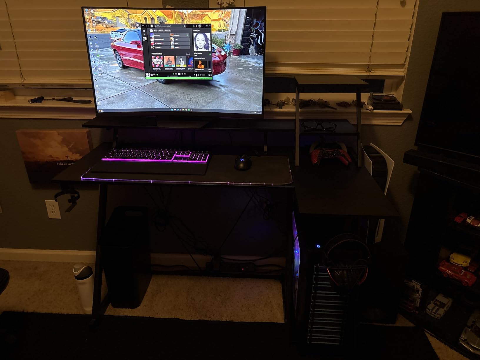 Korfile 40 Inch Gaming Desk with LED Lights and Power Outlet L Shaped Computer Gaming Table with Storage Shelves Reversible Corner Desk with Monitor Stand for Home Office Carbon Fiber Black customer photo 2