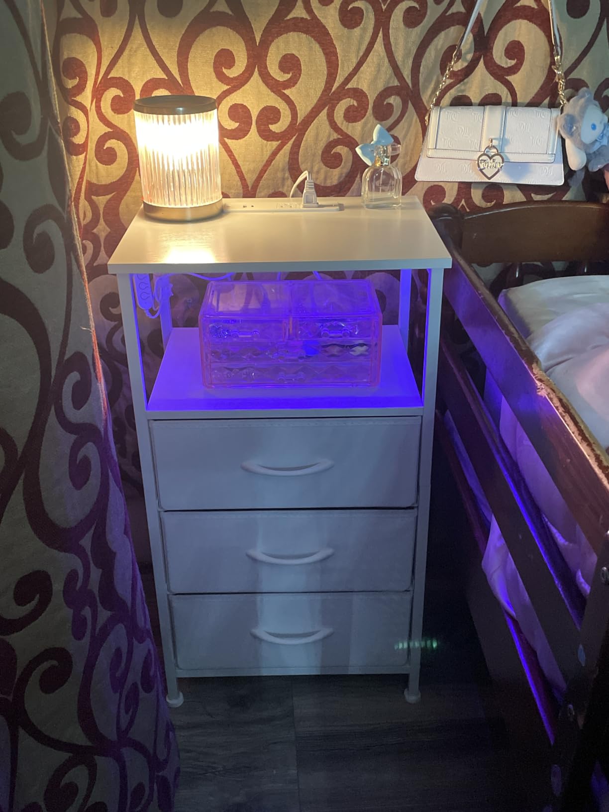 Somdot Nightstand with 2 Drawers, Charging Station & LED Light | Fabric-Bin Dresser for Bedroom, Bedside, Kids Room, Dorm, Closet, Laundry and Entryway, White customer photo 1