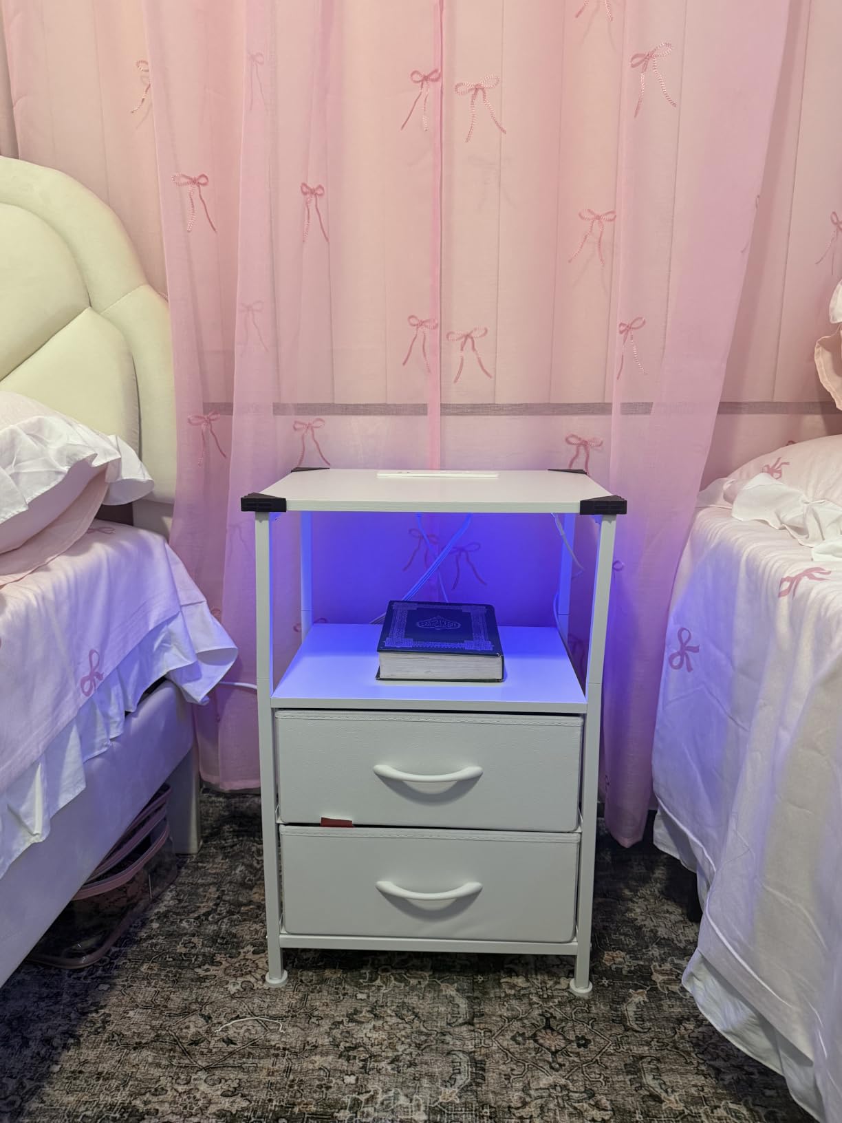 Somdot Nightstand with 2 Drawers, Charging Station & LED Light | Fabric-Bin Dresser for Bedroom, Bedside, Kids Room, Dorm, Closet, Laundry and Entryway, White customer photo 2