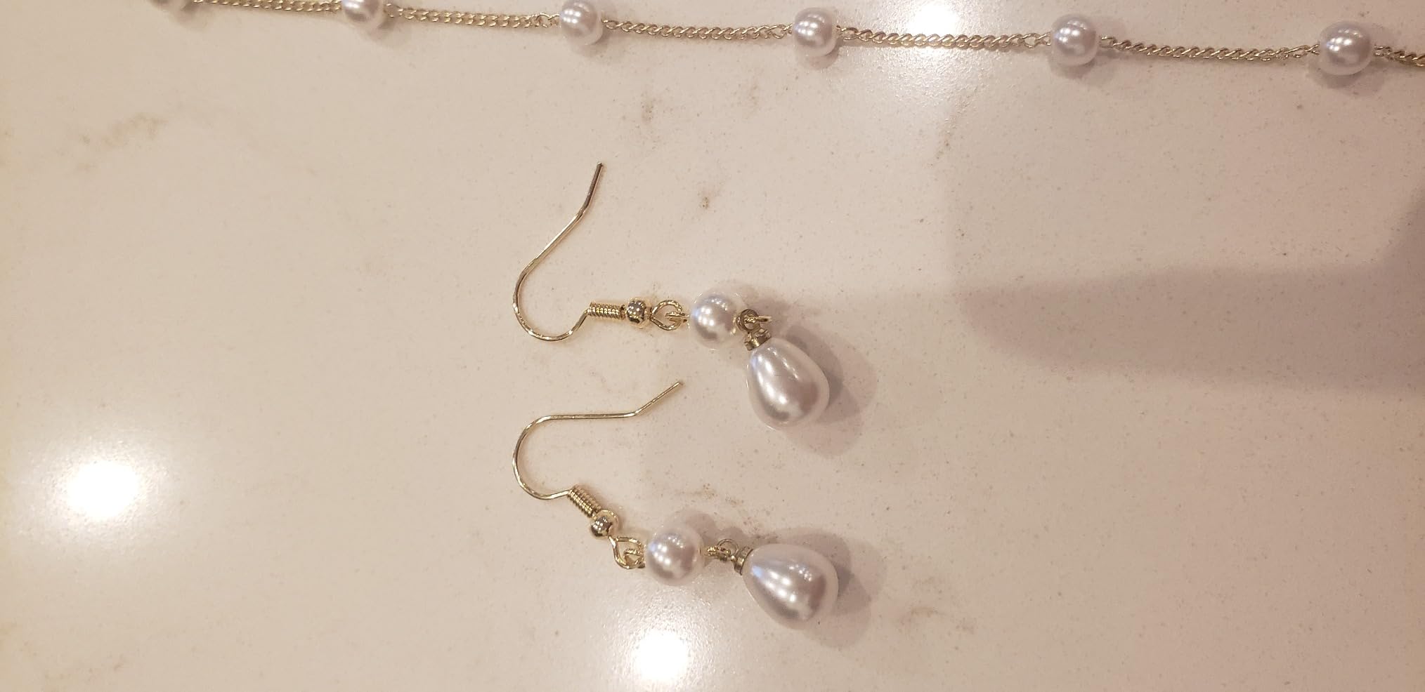 Gold Jewelry Set for Women, Dainty 14K Gold/Silver Plated Pearl Necklace and Earring Set with CZ Diamond and Pearl Drop Earrings, Bracelets, Choker Necklace - Wedding Bride Jewelry customer photo 2