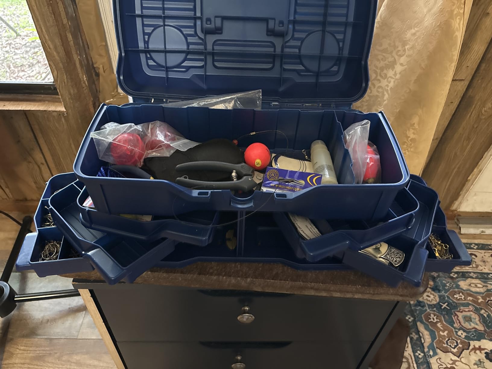 Flambeau Outdoors NextGen 4/0 M Tackle Box 4 Pivot Trays 23 Slots, Blue | 4 pivoting swing trays with single-finger access, 23 compartments, top bulk storage, fast dial latch, 14 x 8.7in customer photo 1