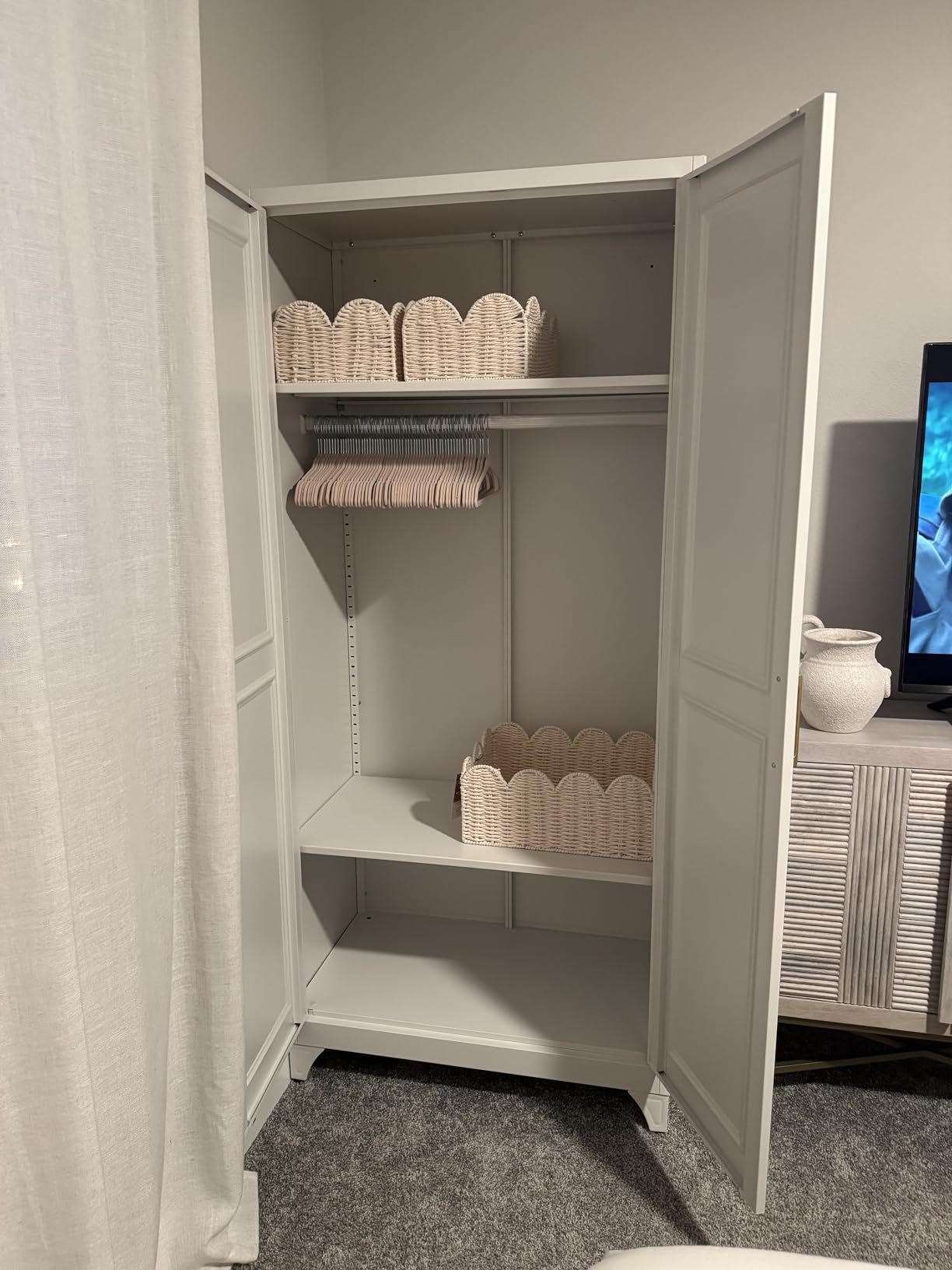 White Armoire Wardrobe Closet with Hanging Rod, Shelves | Metal Storage Cabinet, 2 Adjustable Shelves, 2 Doors, Clothes Storage for Bedroom, Office & Laundry, Easy Assembly customer photo 1