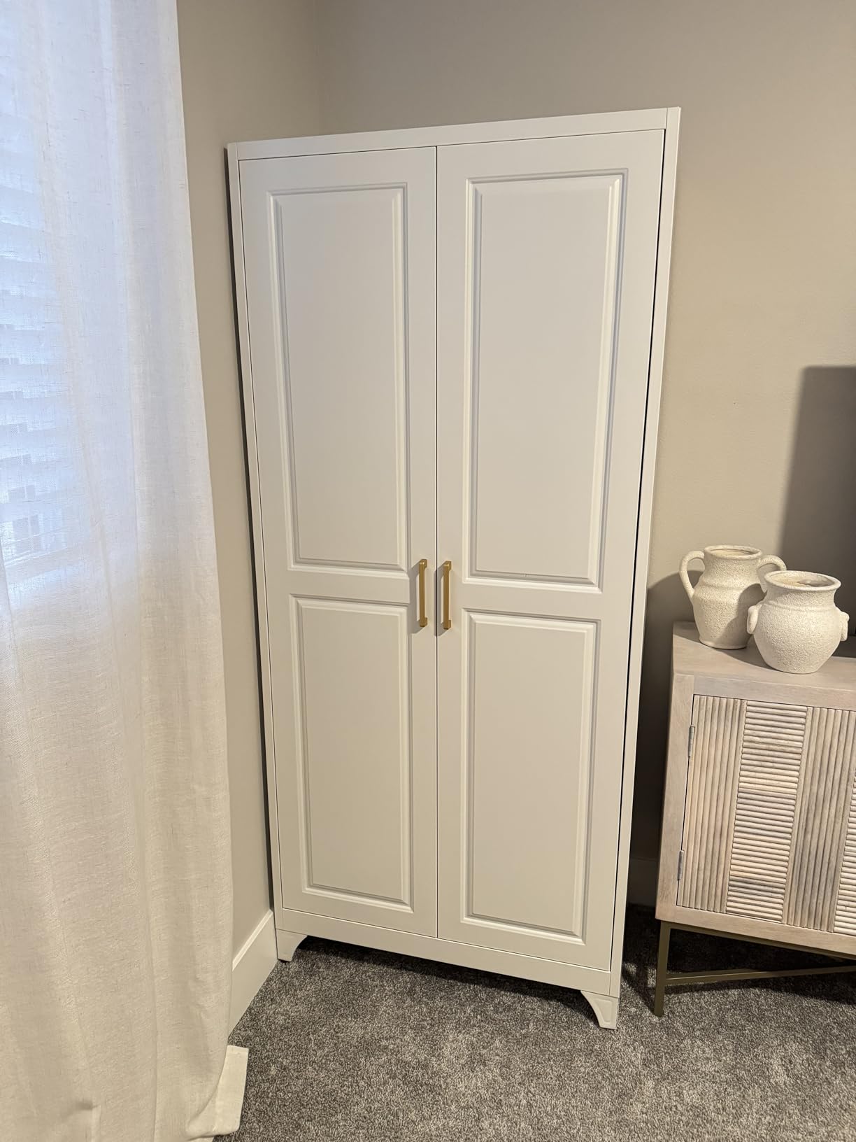 White Armoire Wardrobe Closet with Hanging Rod, Shelves | Metal Storage Cabinet, 2 Adjustable Shelves, 2 Doors, Clothes Storage for Bedroom, Office & Laundry, Easy Assembly customer photo 2
