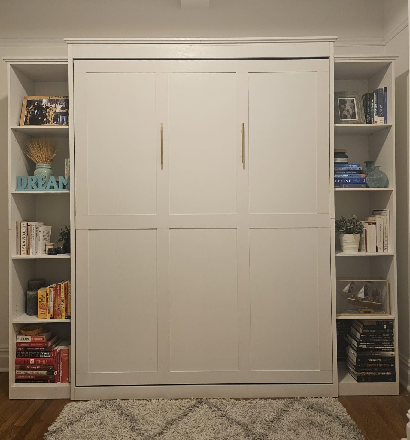 Queen Size Murphy Bed with 2 Storage Cabinet, Farmhouse Wood Hidden Foldable Wall Bed Frame, Space Saving Beds with Shelves, Murphy Bed Queen for Guest Room, Apartment, Office, Bedroom, Grey customer photo 2