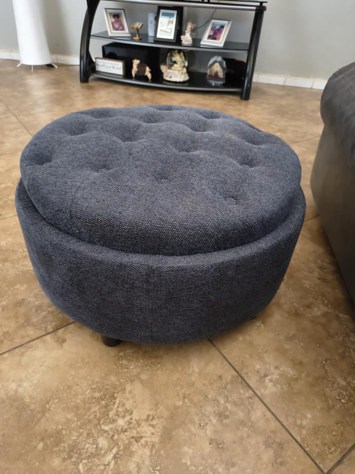 COLAMY Fabric Round Storage Ottoman with Reversible Tray Lid, Multi-Functional Footrest, Hidden Storage, Small Coffee Table for Living Room, Bedroom, Entryway, Beige customer photo 2