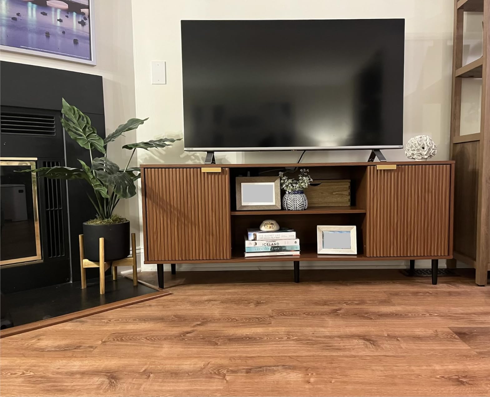 Okvnbjk Modern Fluted TV Stand for 65 Inch TVs with Drawer, Oak | Modern fluted TV stand with drawer, storage cabinets, soft-close hinges and cable management, perfect for living rooms. customer photo 1