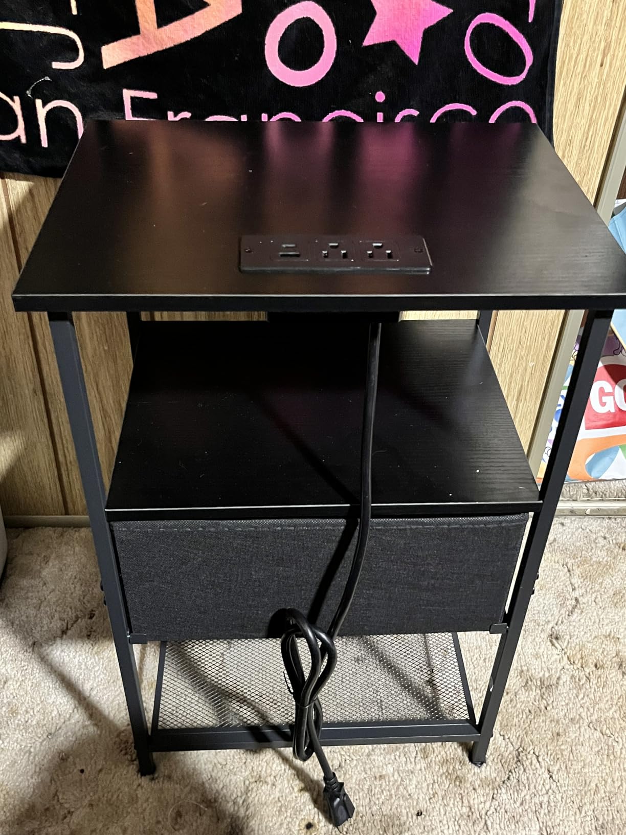 Night Stand, Small Nightstand with Charging Station | Bedside Table with 2 Fabric Drawers, End Table Living Room, Side Table with USB & Type-C Ports for Bedroom, Black customer photo 1